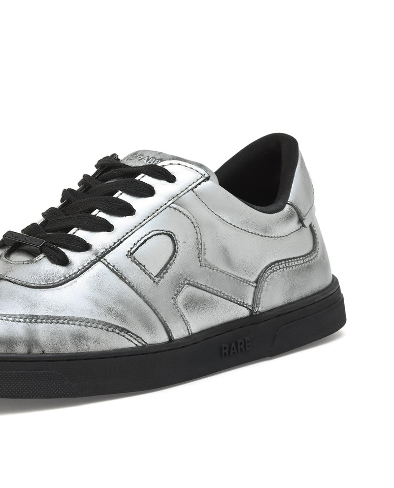 Rare Rabbit Mens Mercure Metallic Silver Round Toe Shiny Burnt Leather Sneaker Shoes