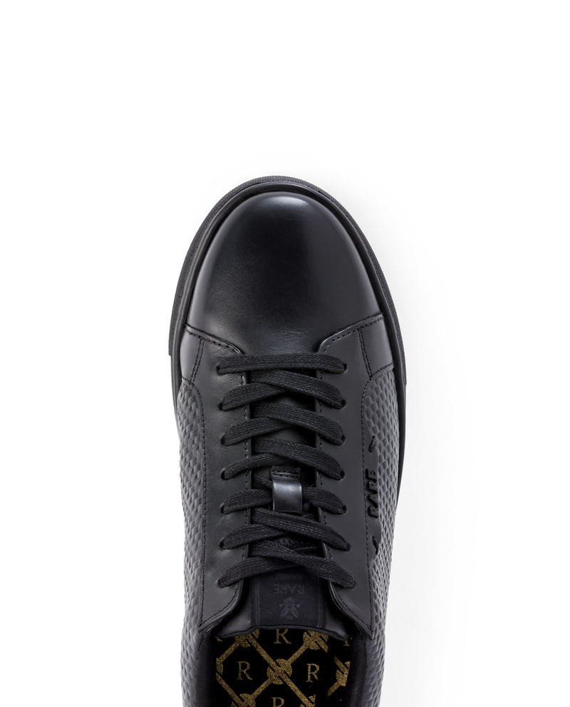 Rare Rabbit Mens Rapso Black Round Toe Low-Top Embossed Lace-Up Sneaker Shoes