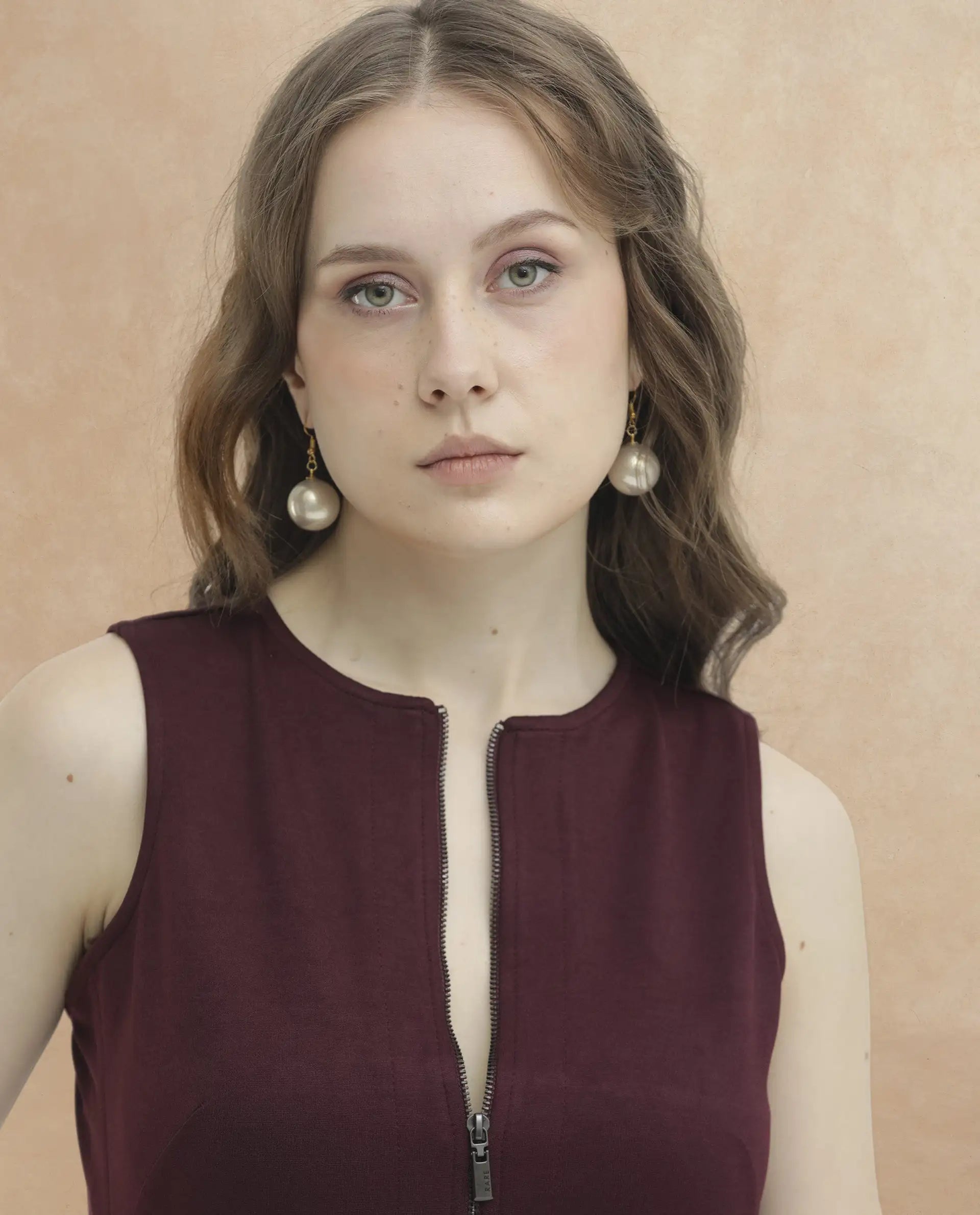 Rareism Women's Shoko Brown Polyester Crew Neck Plain Sleeveless Midi A-Line Dress