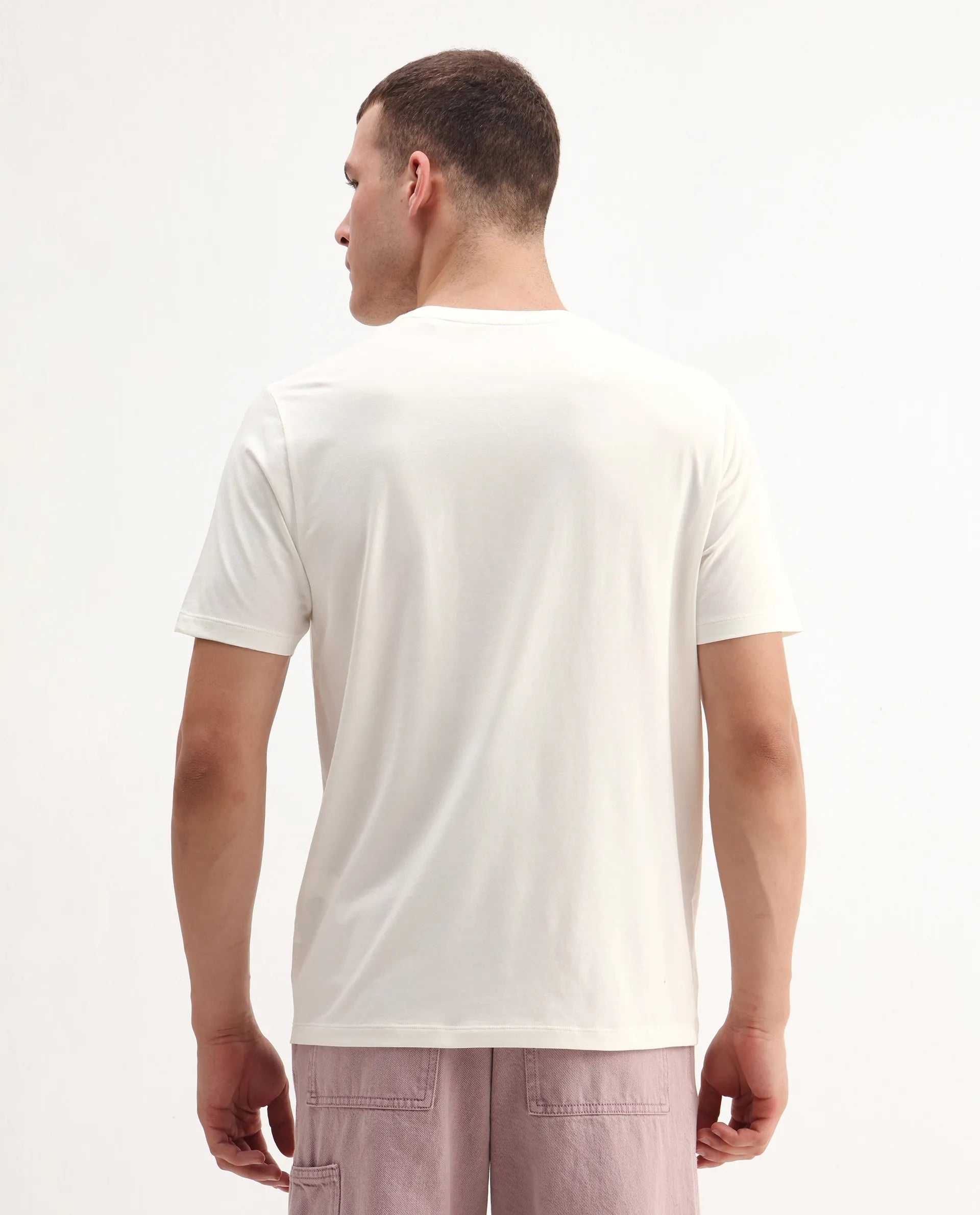 Rare Rabbit Men's Shone Off White Cotton Blend Graphic Print Regular Fit Half Sleeve Crew Neck T-Shirt