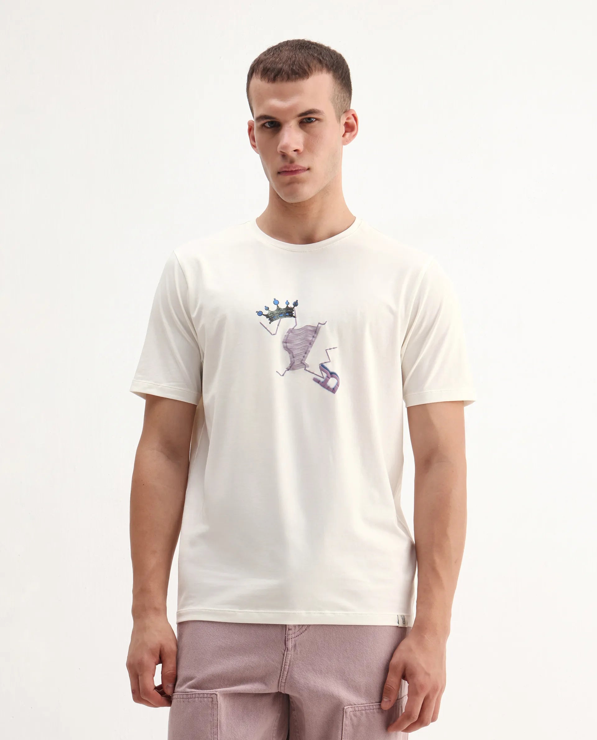 Rare Rabbit Men's Shone Off White Cotton Blend Graphic Print Regular Fit Half Sleeve Crew Neck T-Shirt