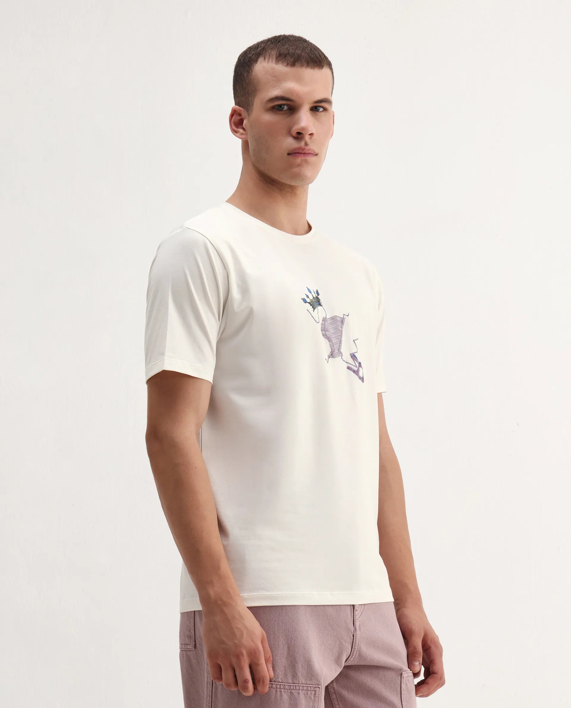 Rare Rabbit Men's Shone Off White Cotton Blend Graphic Print Regular Fit Half Sleeve Crew Neck T-Shirt