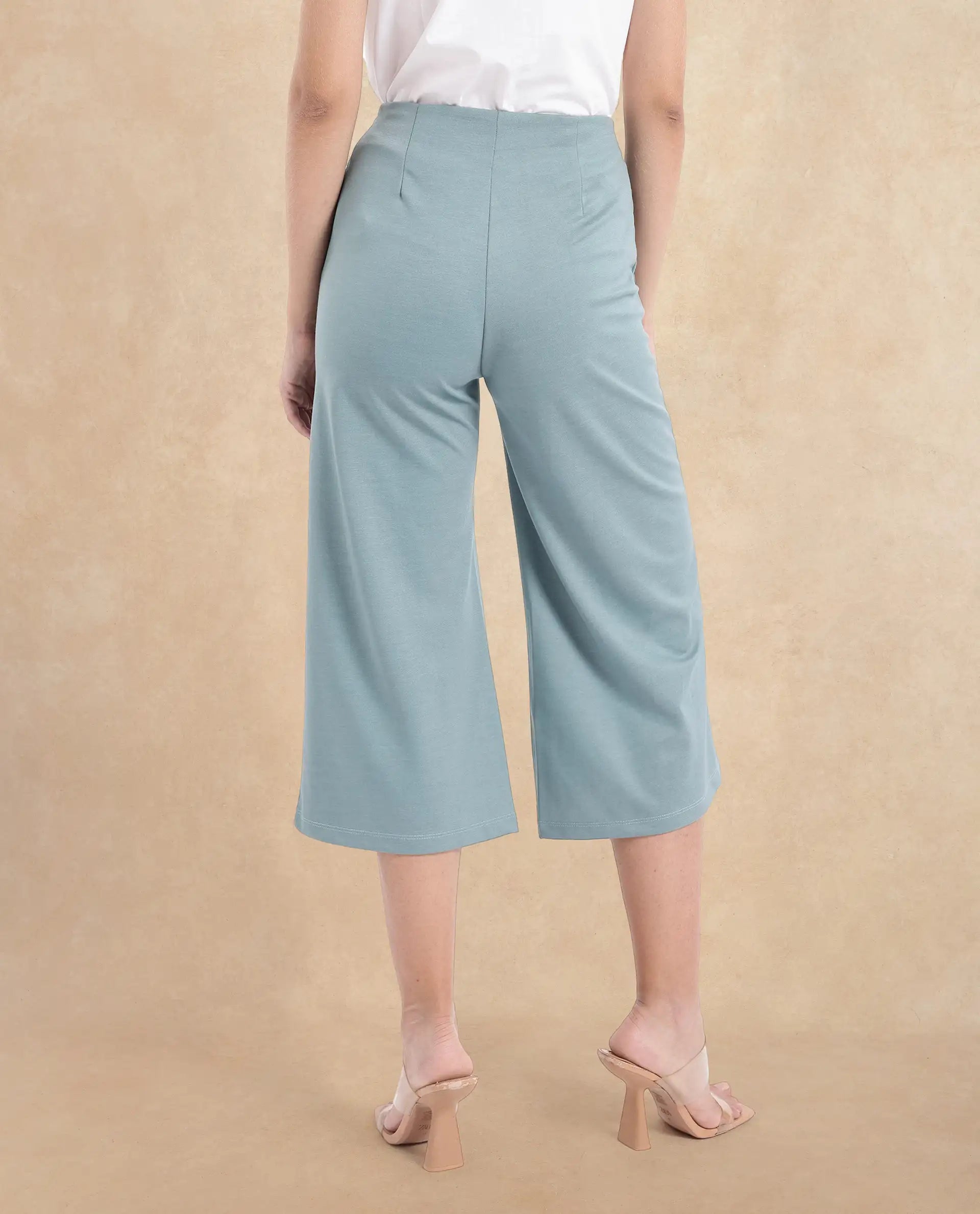 Rareism Women Shoyo Light Green Polyester Fabric Zip Closure Flared Fit Plain Midi Culottes