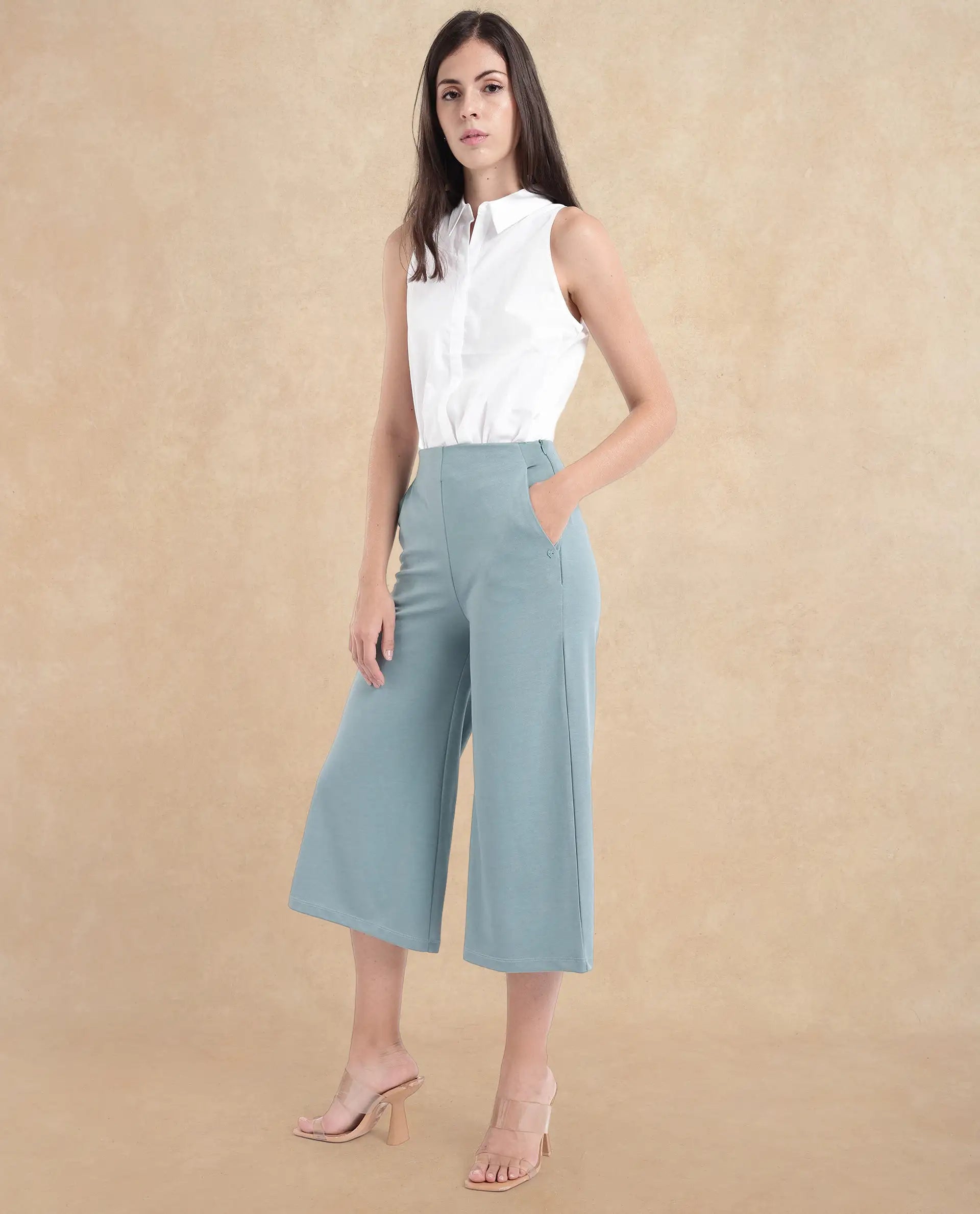 Rareism Women Shoyo Light Green Polyester Fabric Zip Closure Flared Fit Plain Midi Culottes