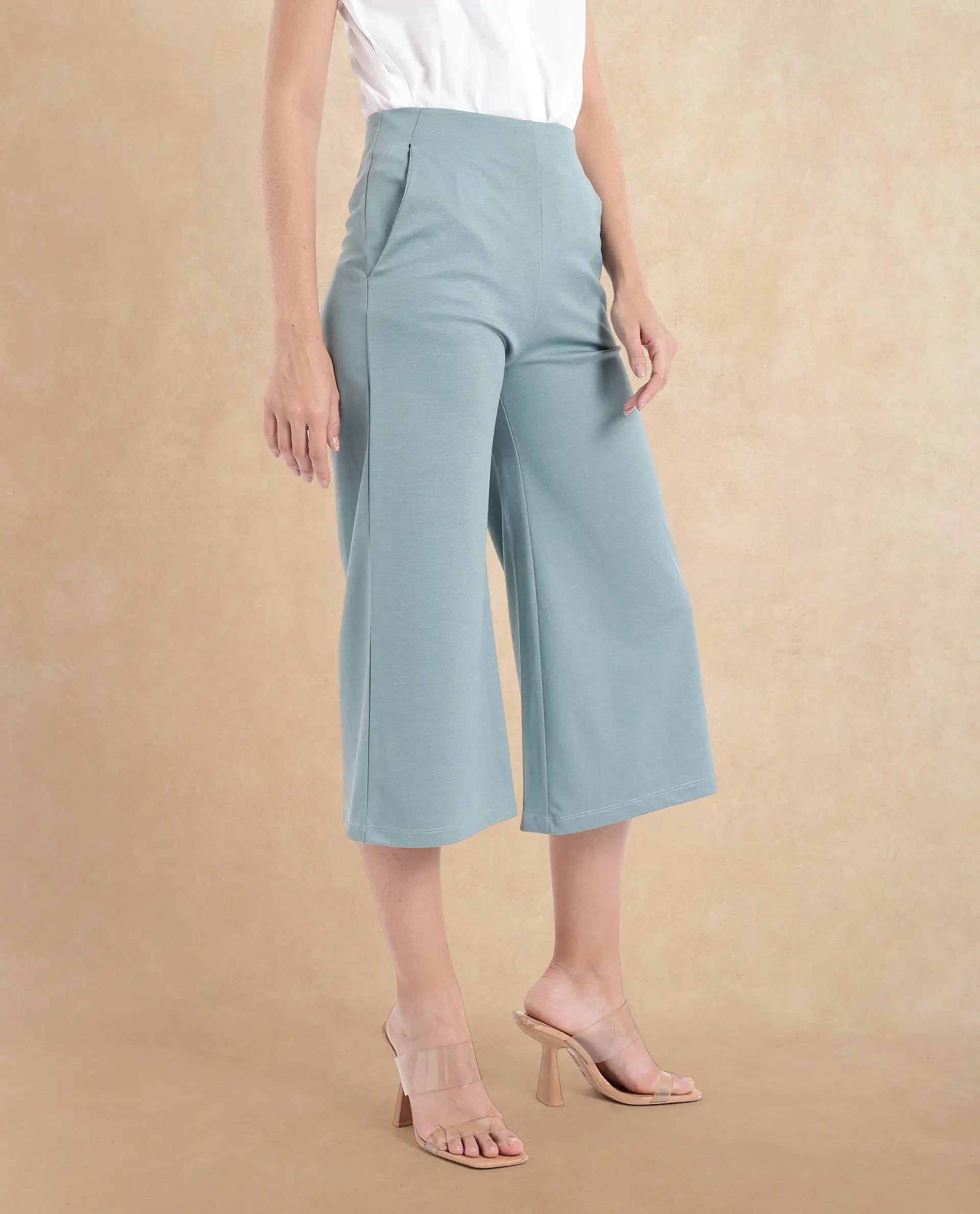 Rareism Women Shoyo Light Green Polyester Fabric Zip Closure Flared Fit Plain Midi Culottes