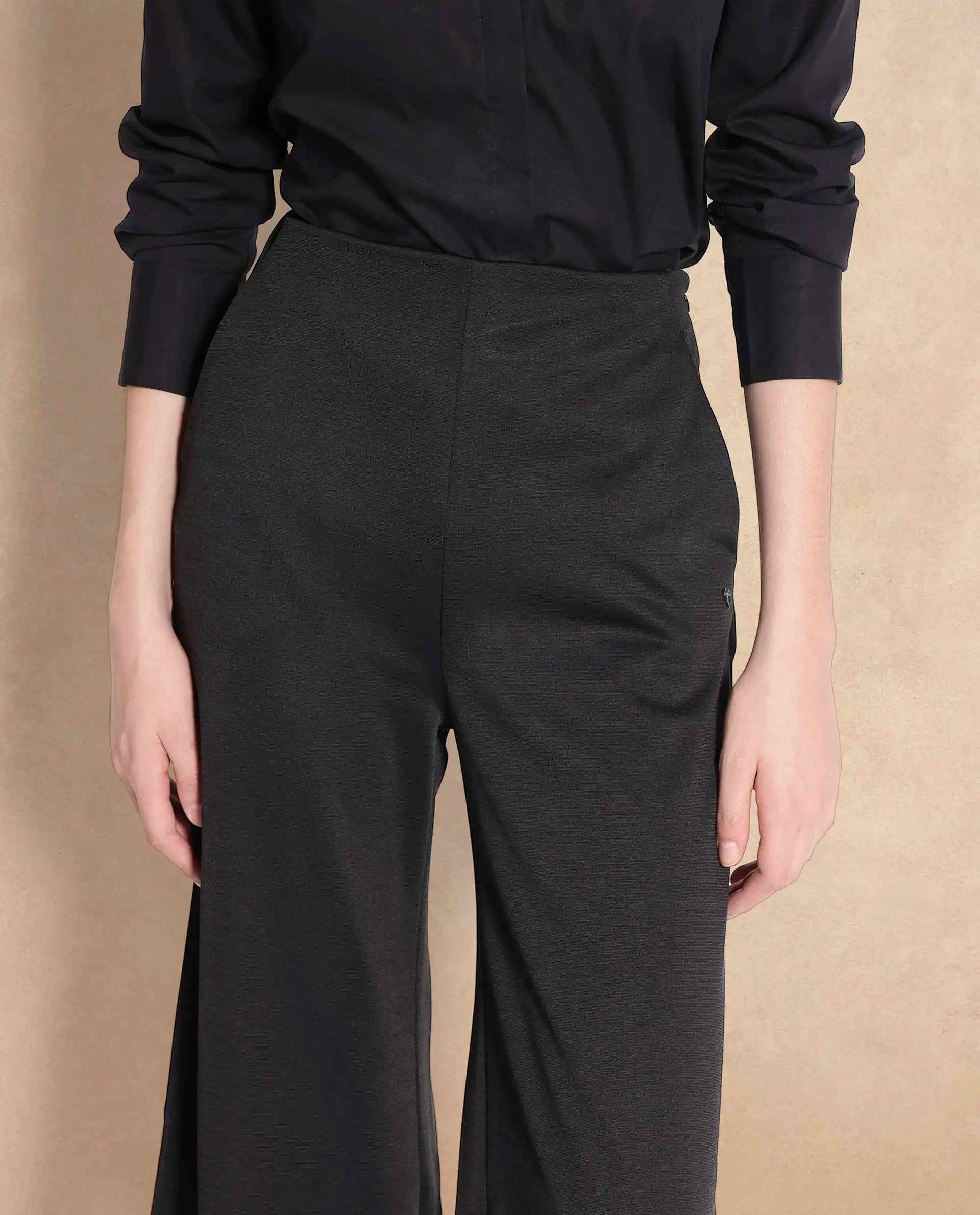 Rareism Women's Shoyo Black Polyester Plain Midi Flared Trouser