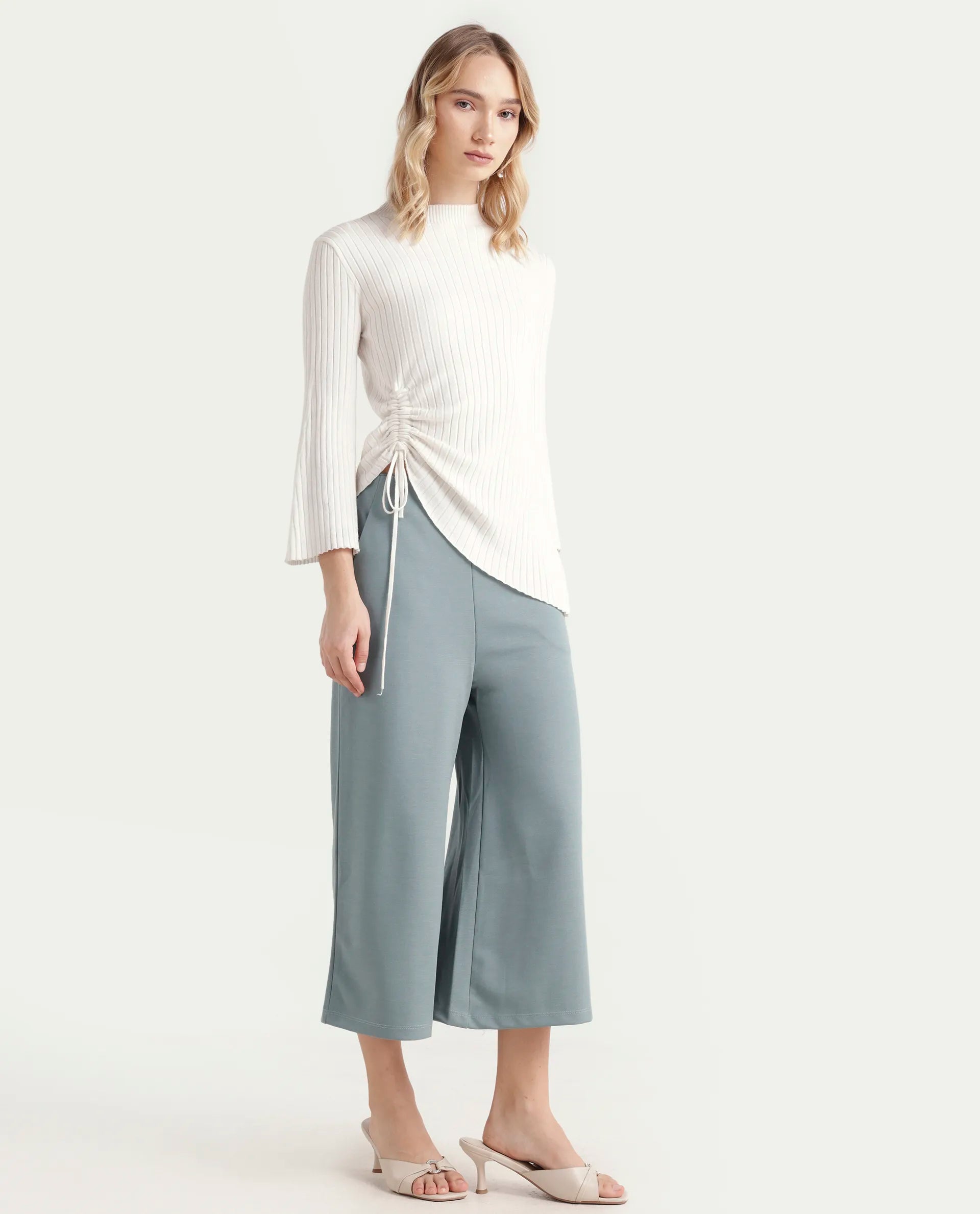 Rareism Women's Shoyo Light Green Polyester Plain Midi Flared Trouser