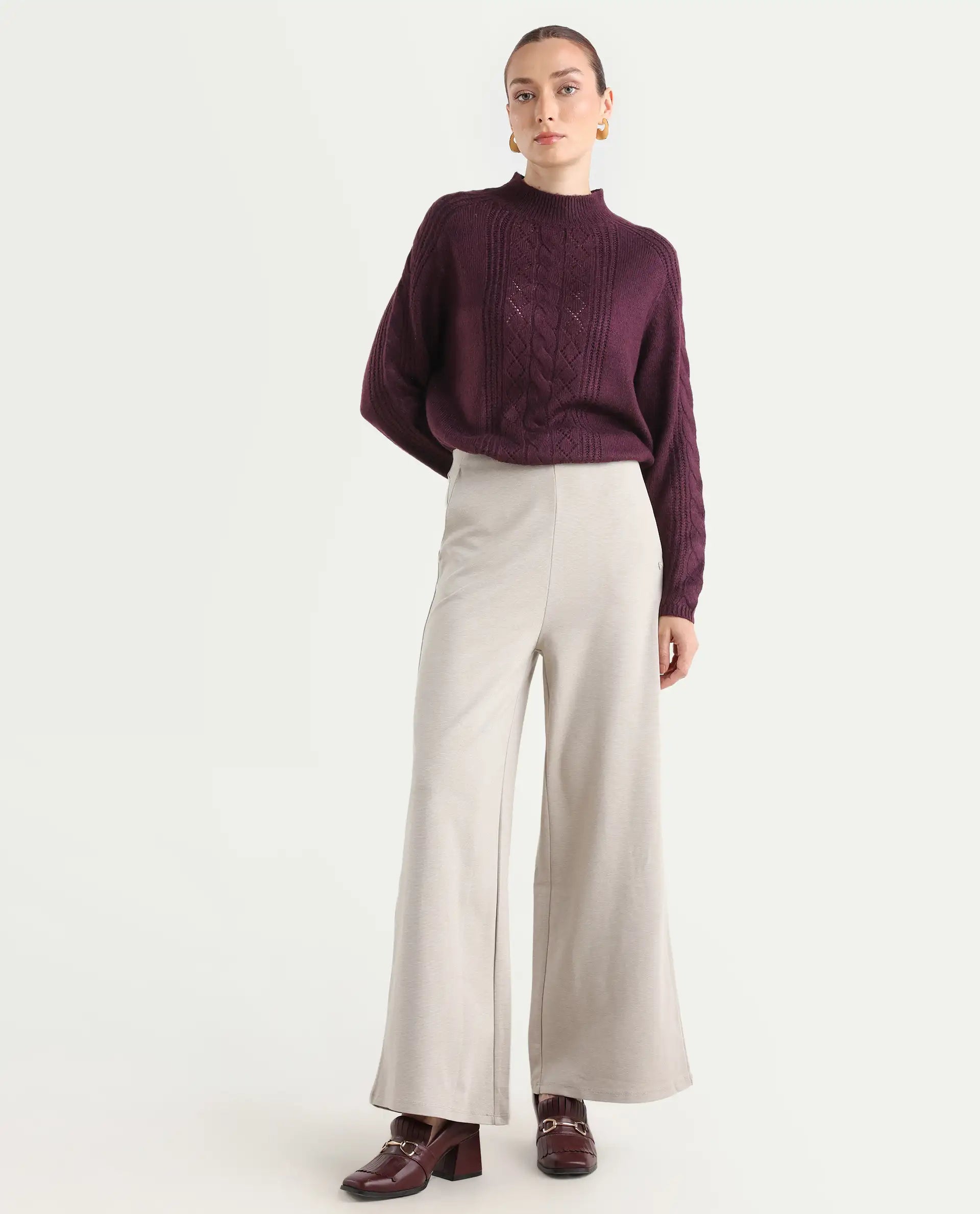 Rareism Women's Shoyon Beige Cotton Blend Plain Midi Wide Trouser