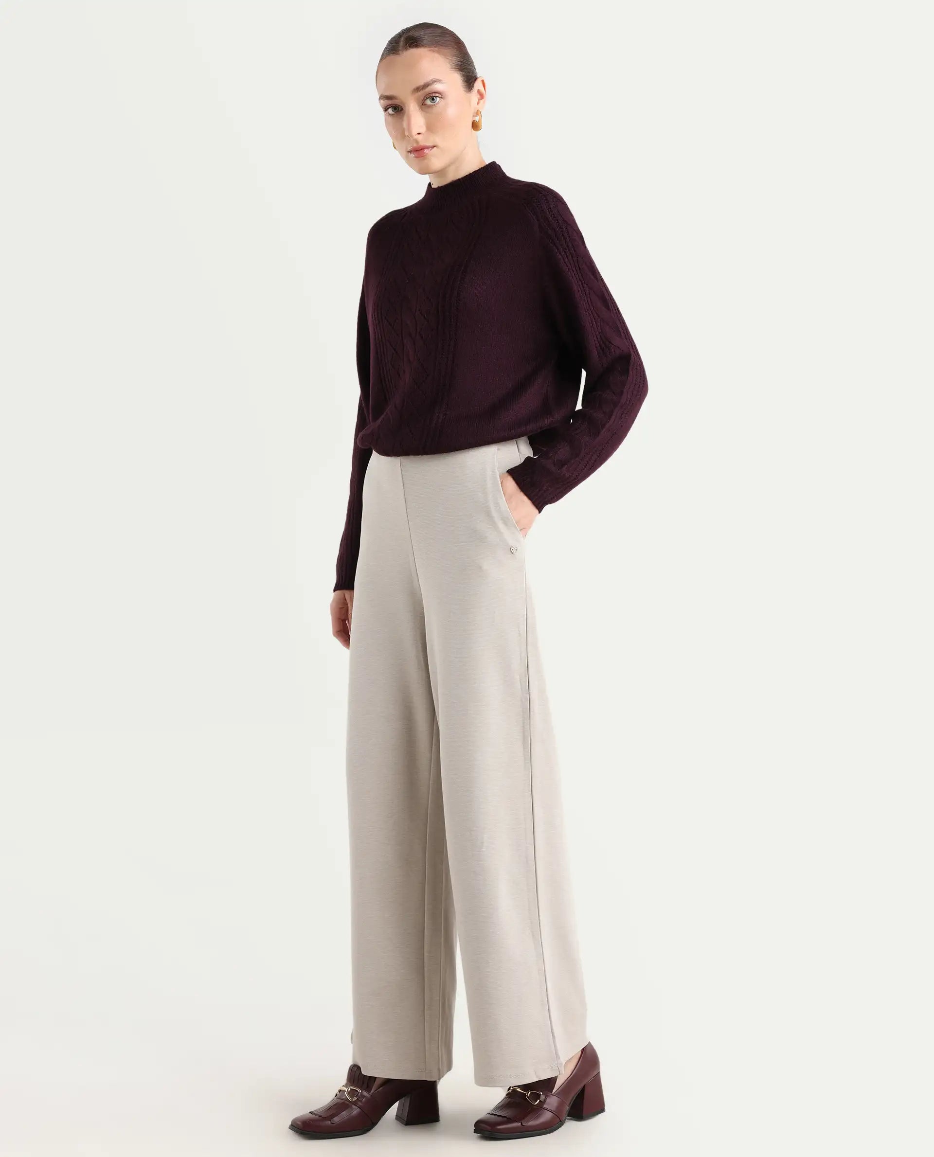 Rareism Women's Shoyon Beige Cotton Blend Plain Midi Wide Trouser