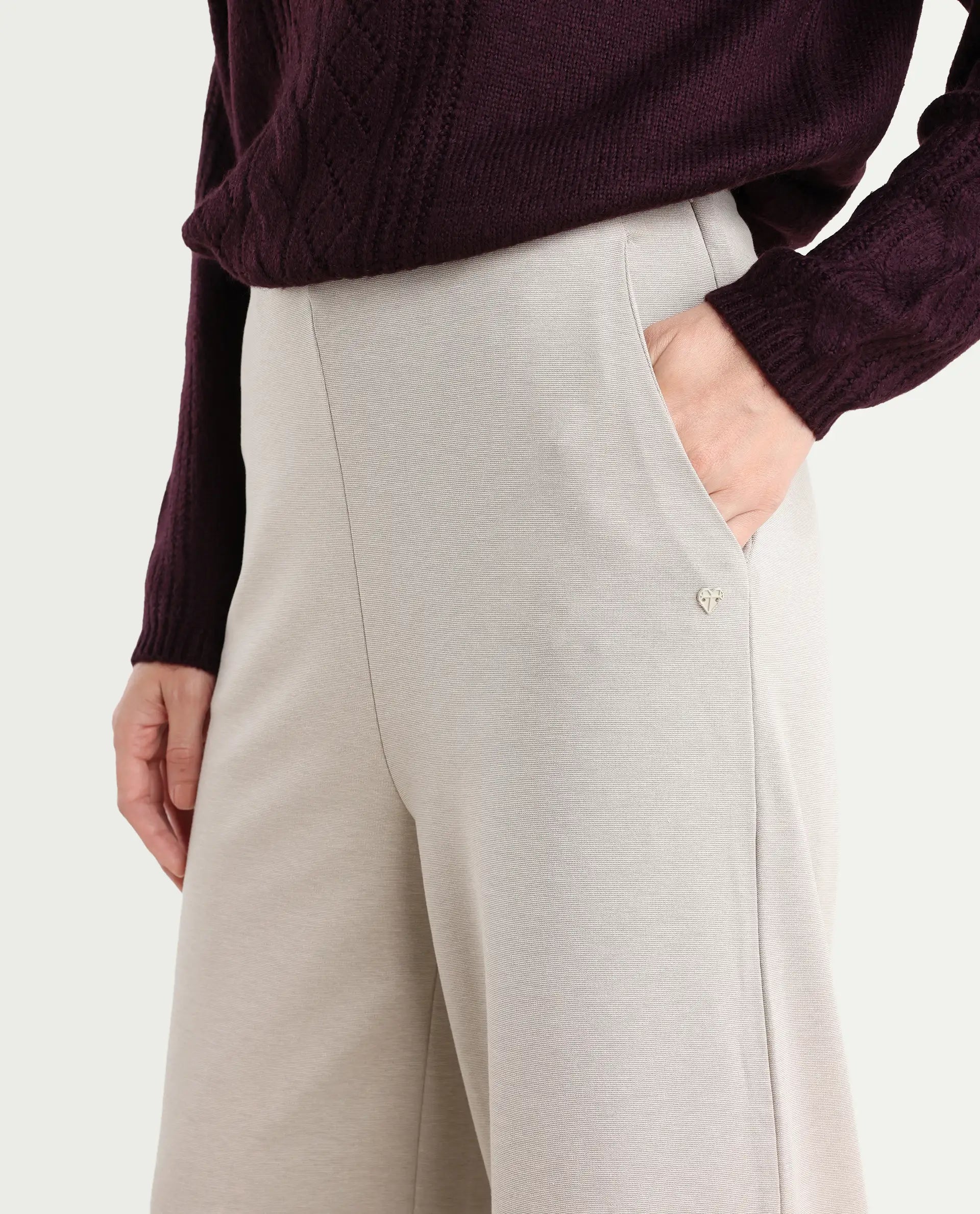 Rareism Women's Shoyon Beige Cotton Blend Plain Midi Wide Trouser