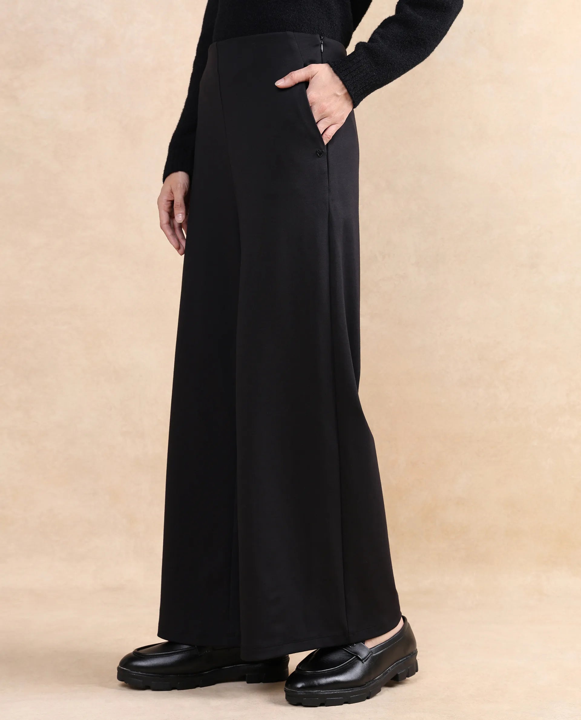 Rareism Women Shoyon Black Cotton Viscose Fabric Wide Fit Midi Plain Trouser