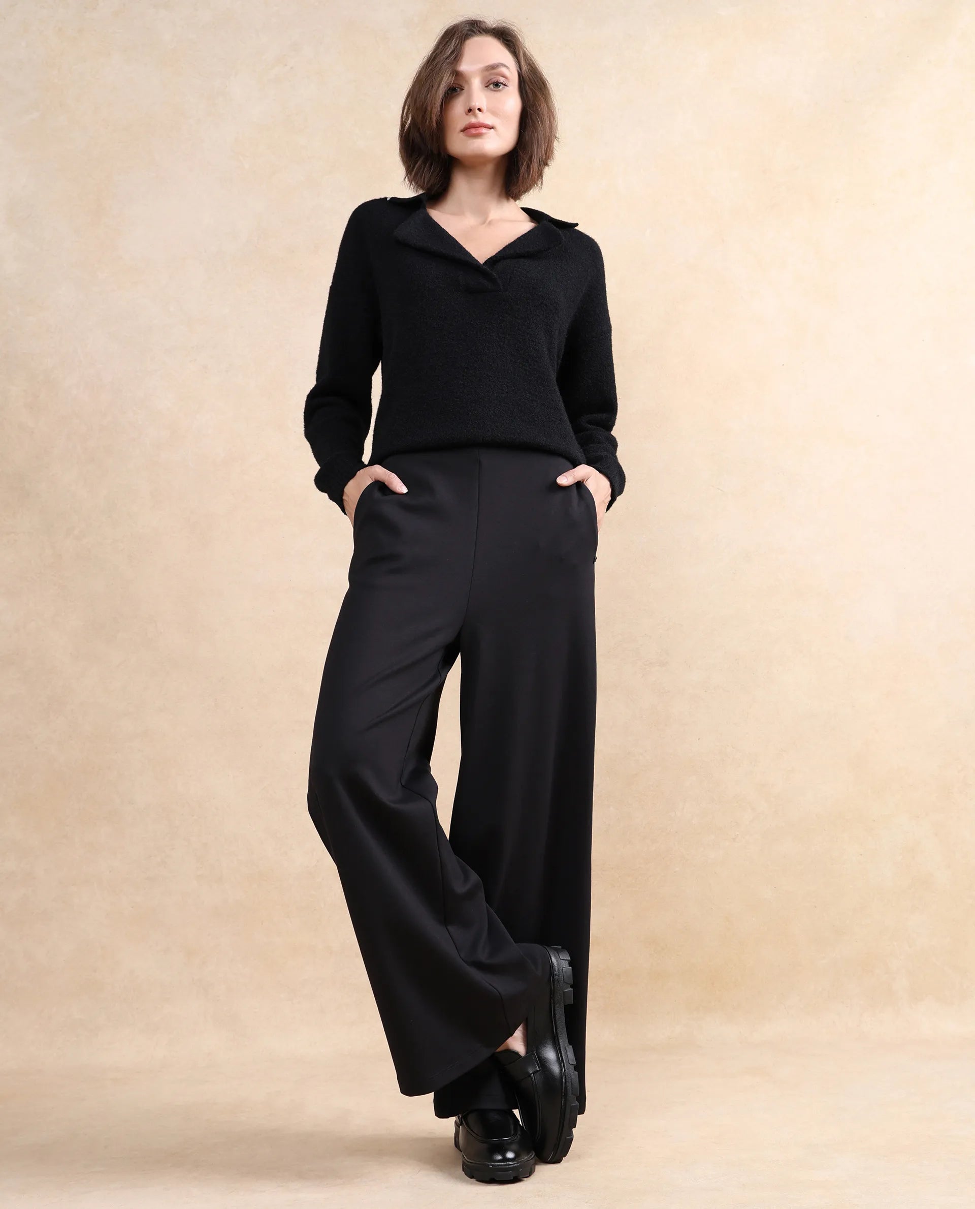 Rareism Women Shoyon Black Cotton Viscose Fabric Wide Fit Midi Plain Trouser