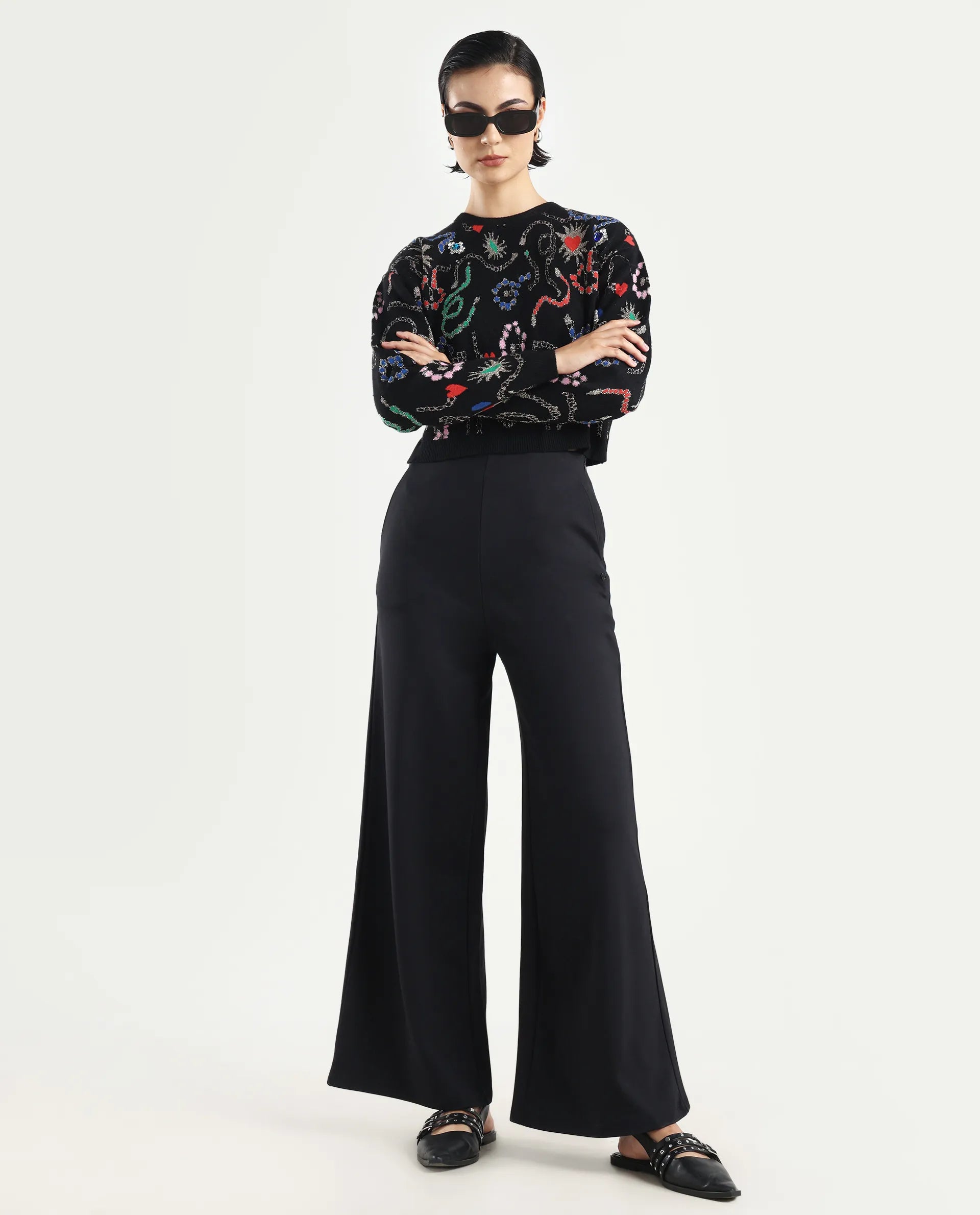 Rareism Women's Shoyon Black Cotton Blend Plain Midi Wide Trouser