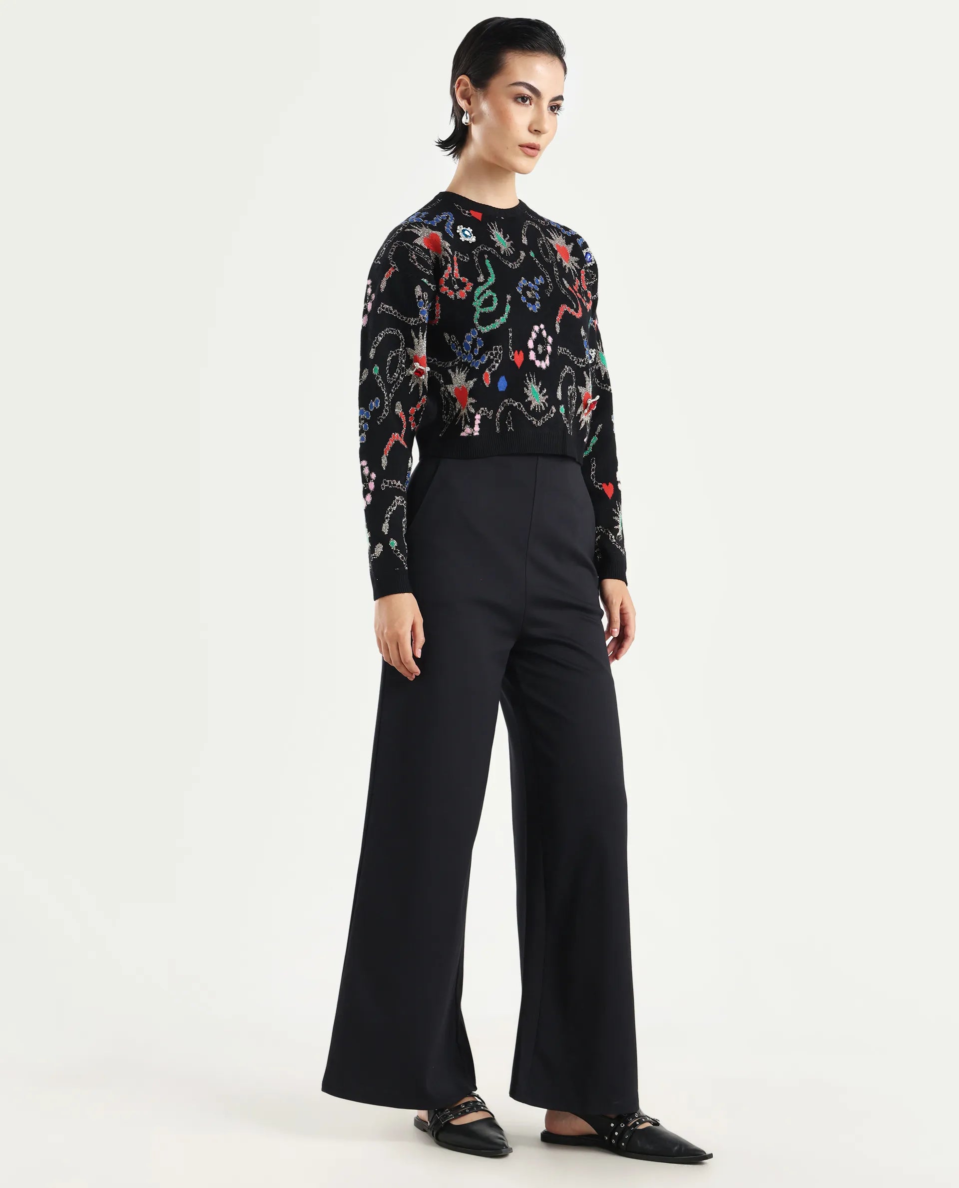 Rareism Women's Shoyon Black Cotton Blend Plain Midi Wide Trouser