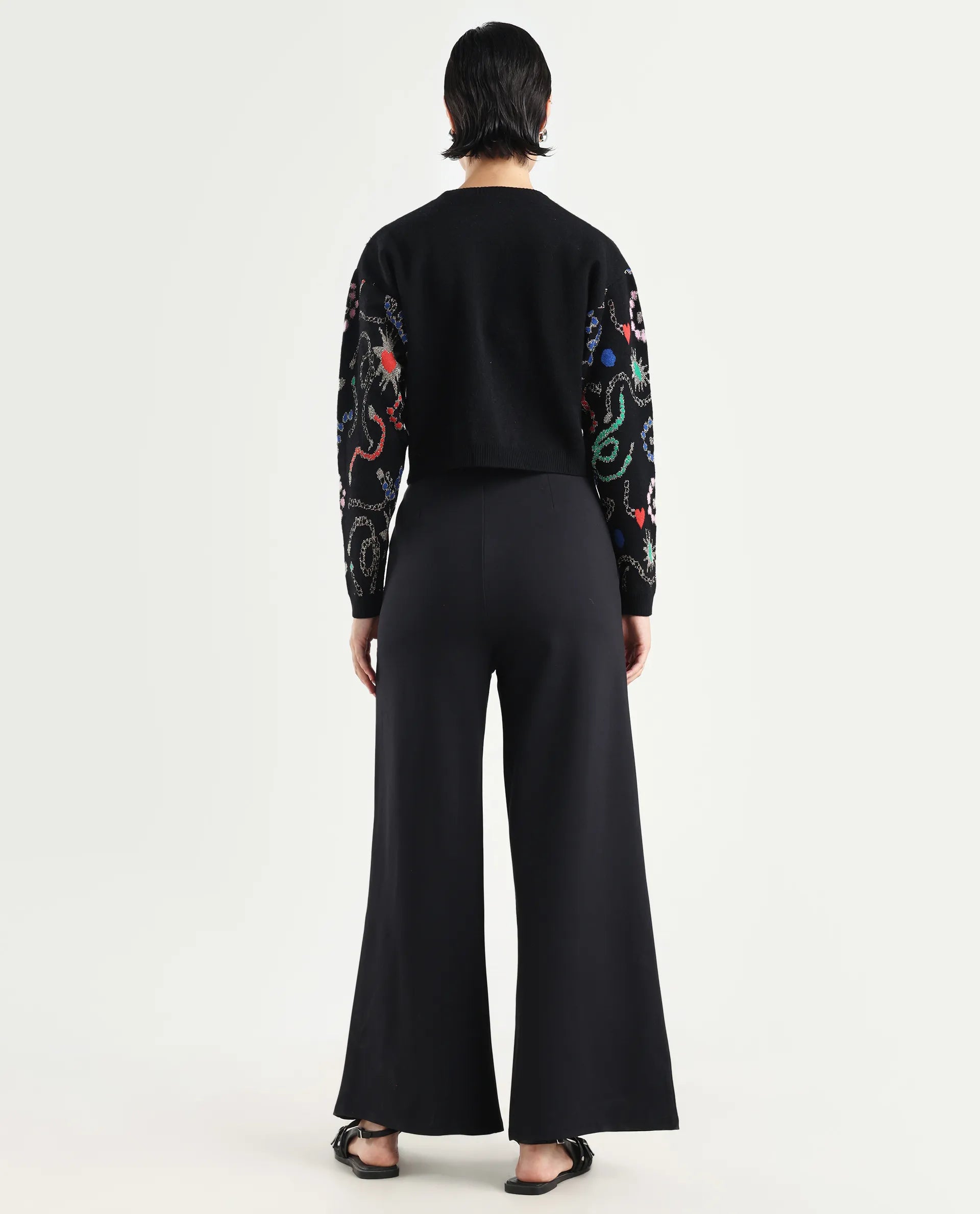 Rareism Women's Shoyon Black Cotton Blend Plain Midi Wide Trouser