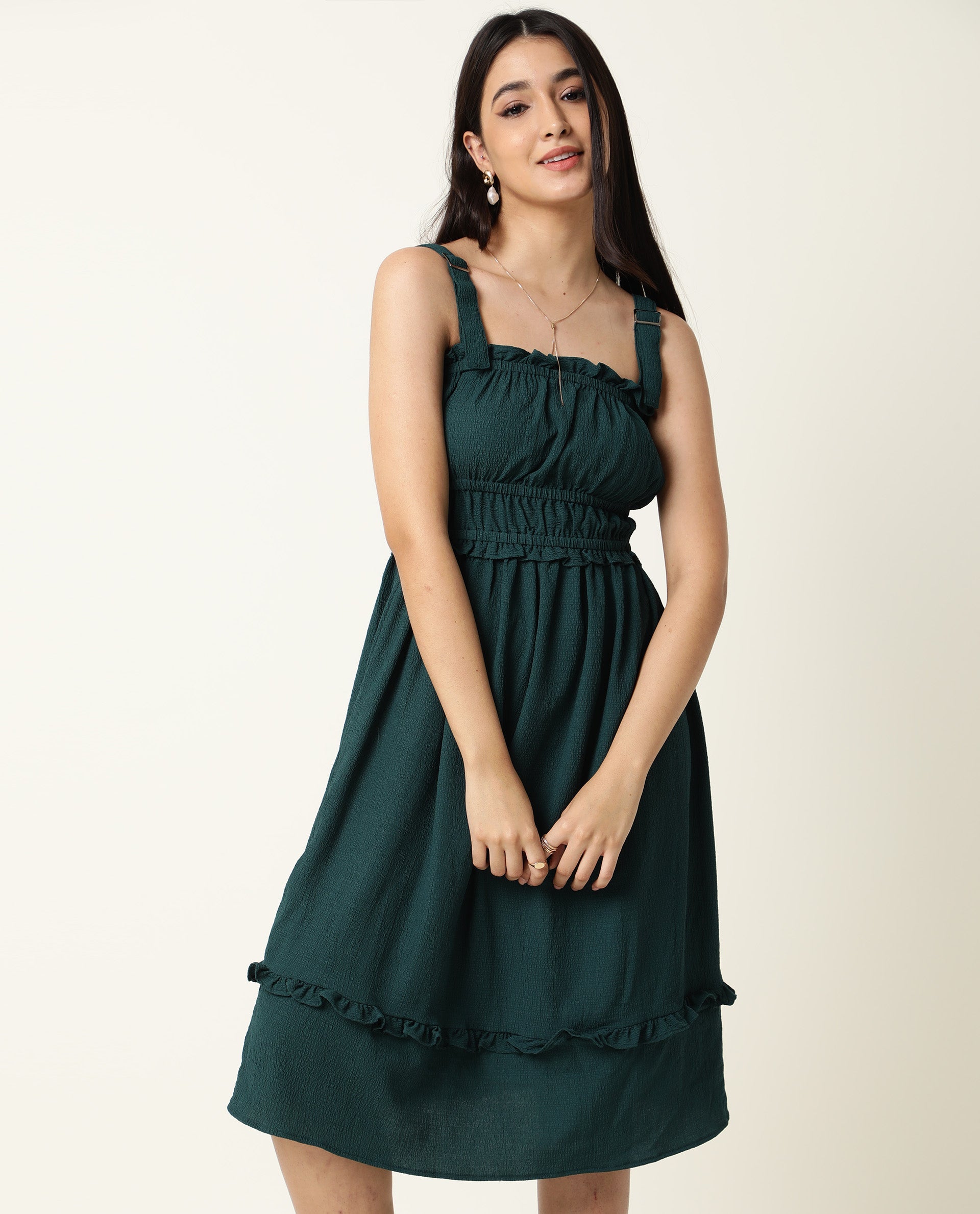 Rareism Women Sickle Green Broad Shoulder Detachable Straps Square Neck Smocking Chest Detail With Ruffled Hem Midi Dress
