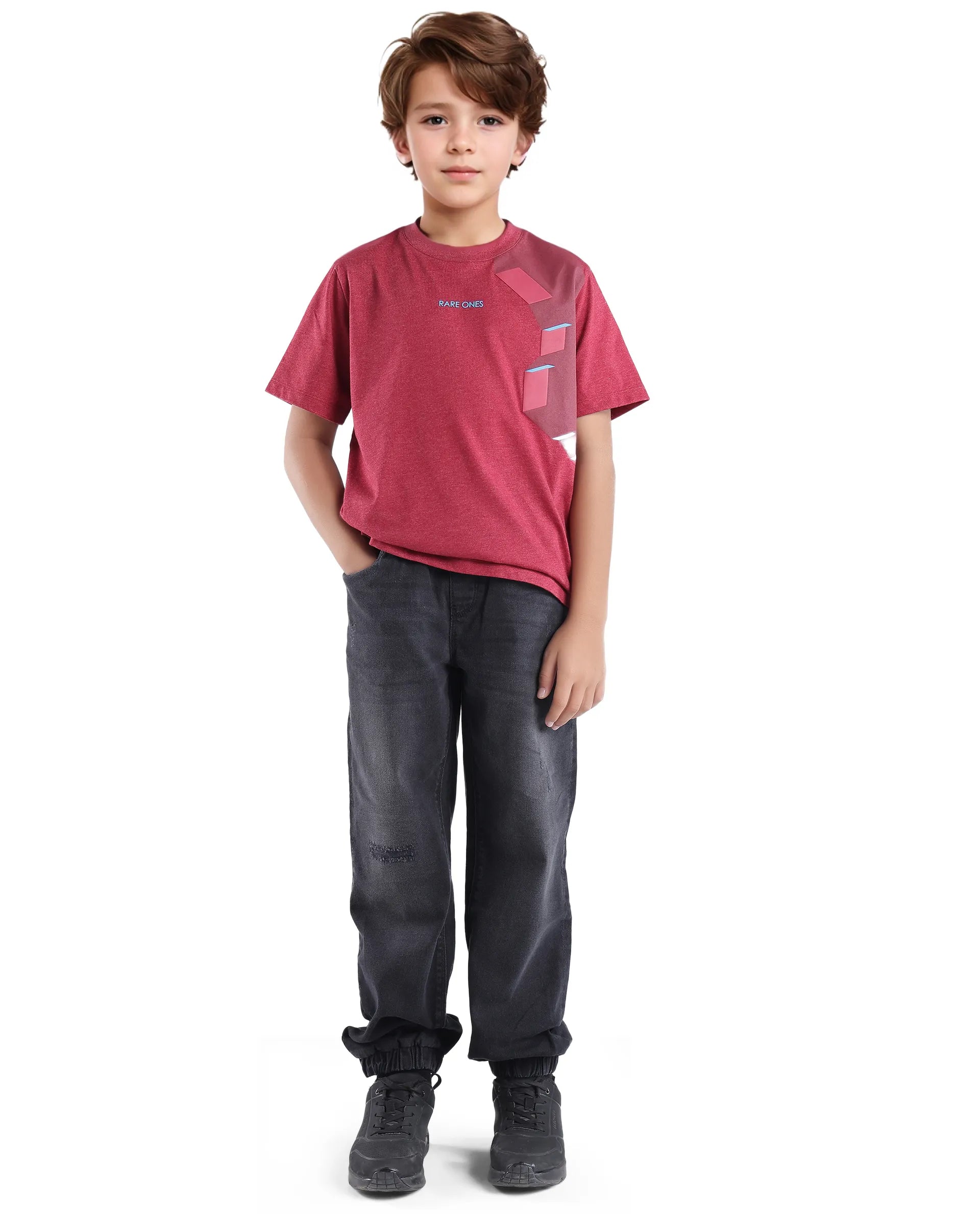 Rare Ones Kids Si Dusky Red Cotton Poly Short Sleeve Crew Neck Raised Hd Print T-Shirt