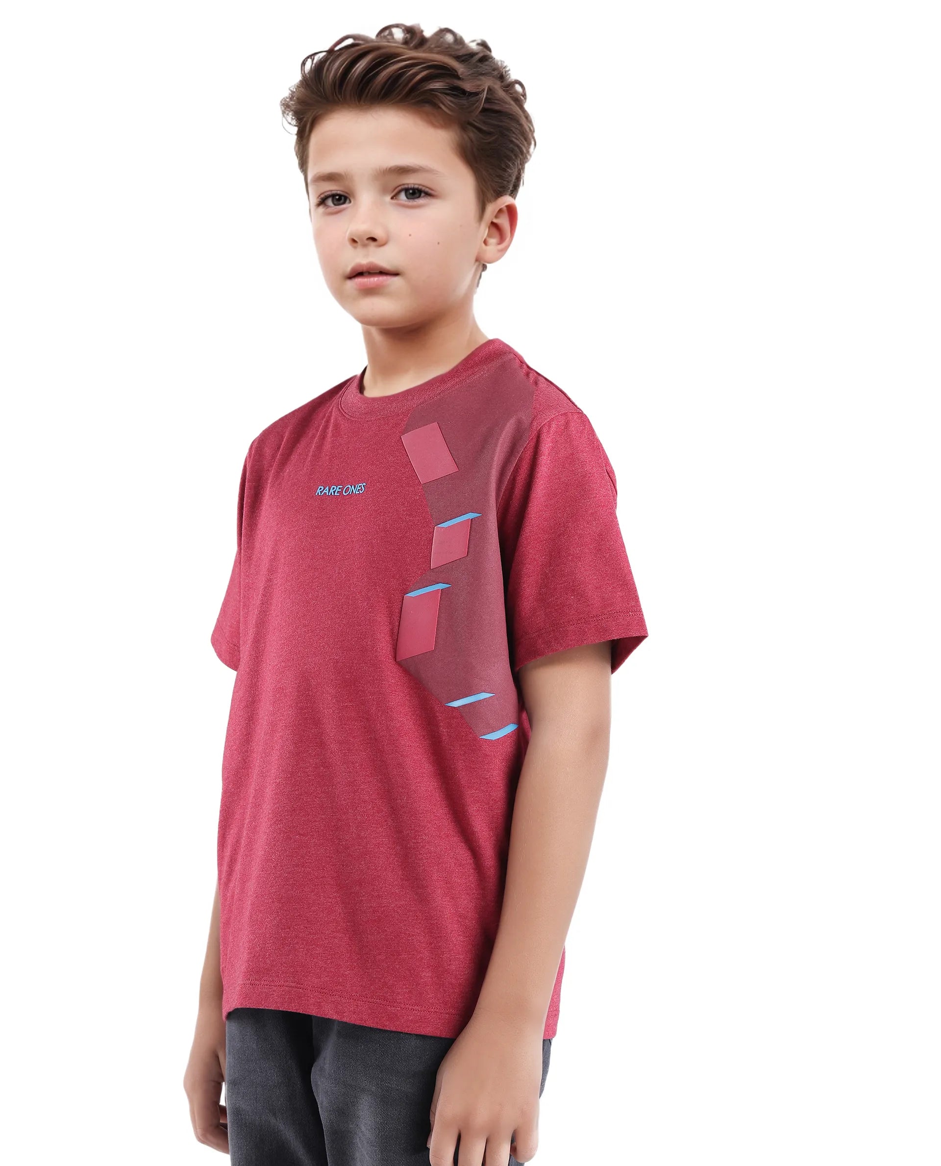 Rare Ones Kids Si Dusky Red Cotton Poly Short Sleeve Crew Neck Raised Hd Print T-Shirt