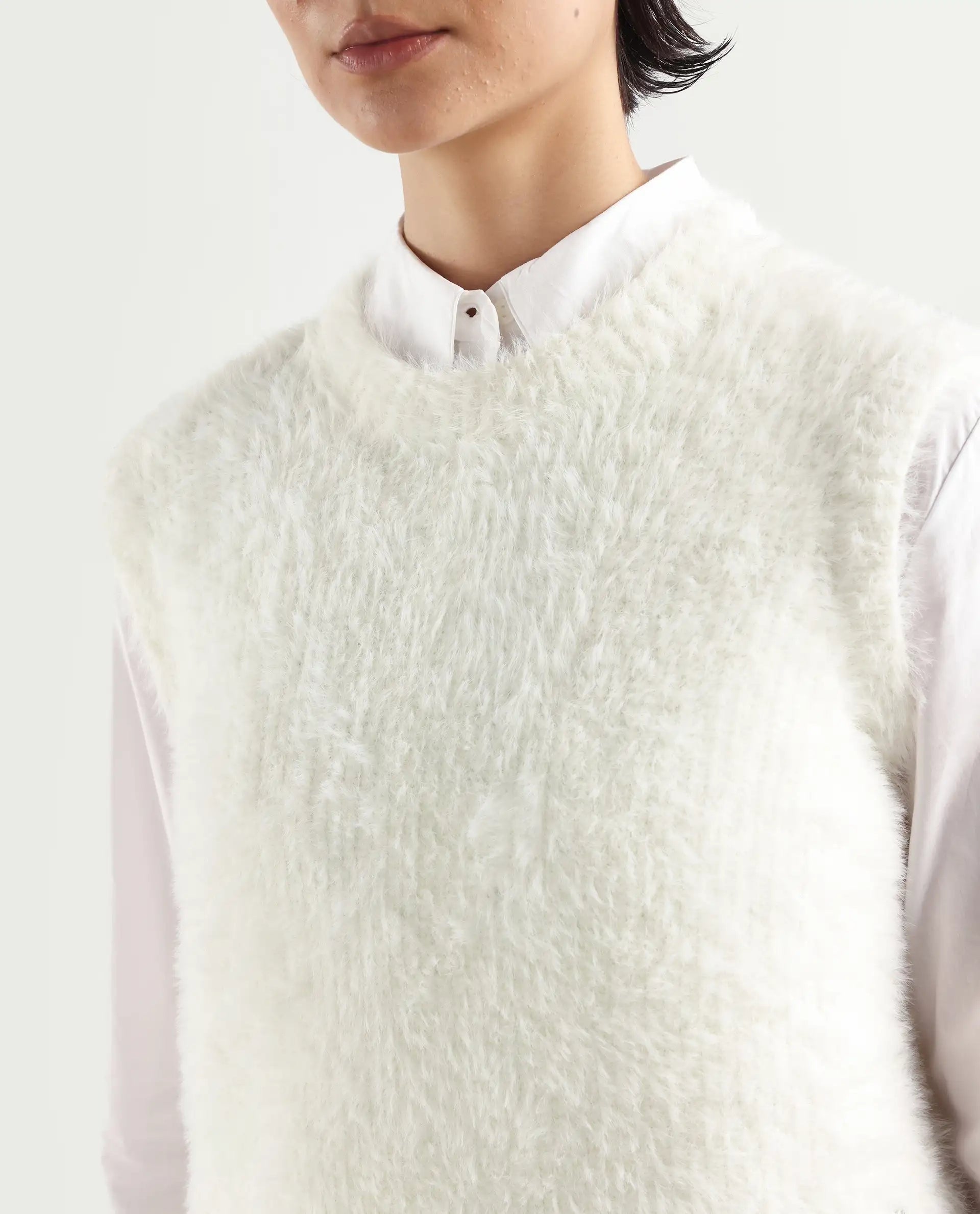 Rareism Women's Sielo White Nylon Crew Neck Plain Sleeveless Relaxed Fit Sweater