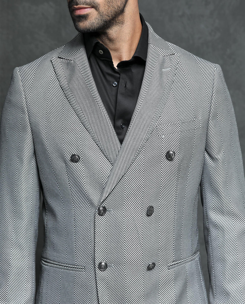 Rare Rabbit Men's Sierres Light Grey Polyester Viscose Fabric Peak Lapel Button Closure Double Breasted Herringbone Suits