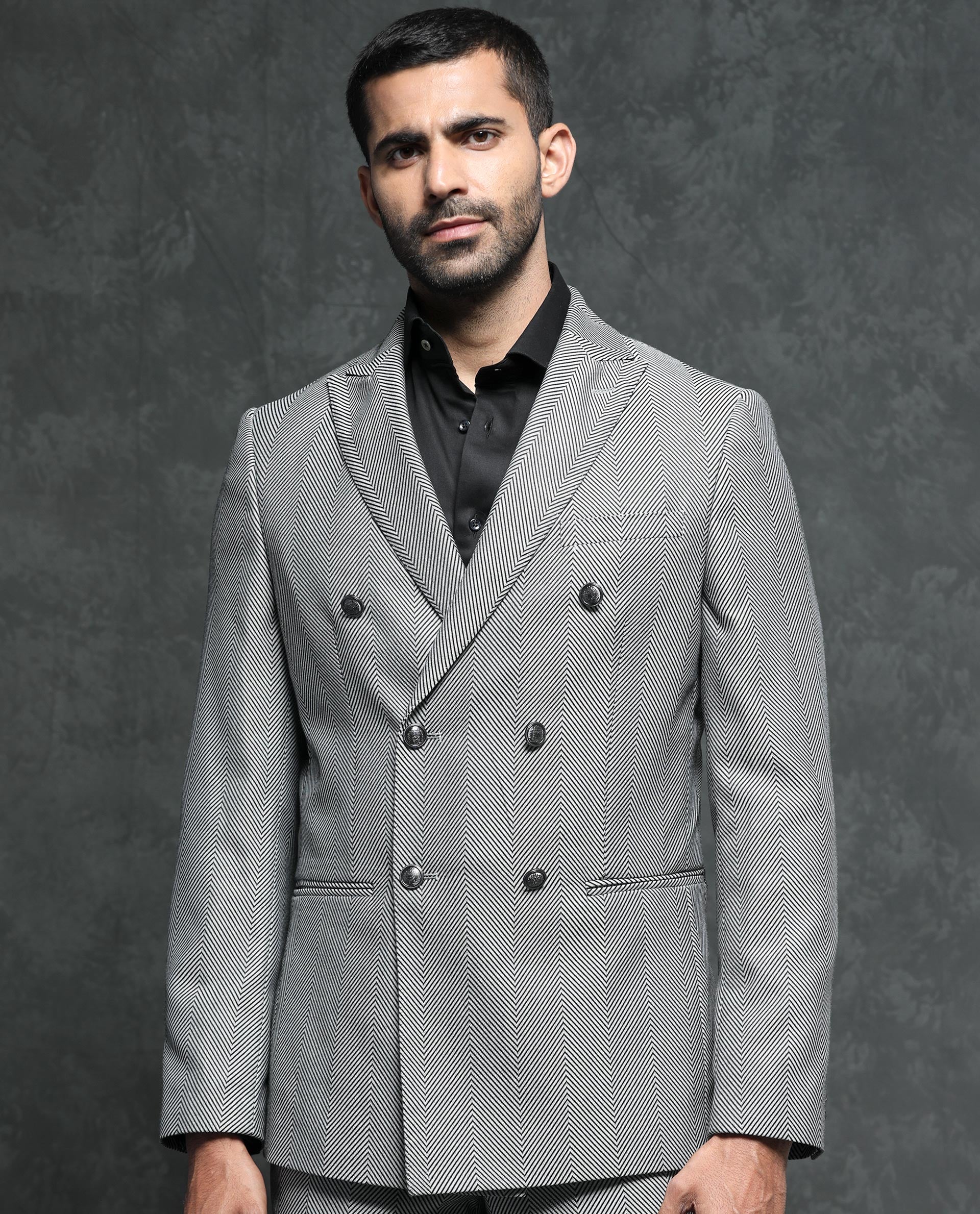 Rare Rabbit Men's Sierres Light Grey Viscose Textured Tailored Fit Ful