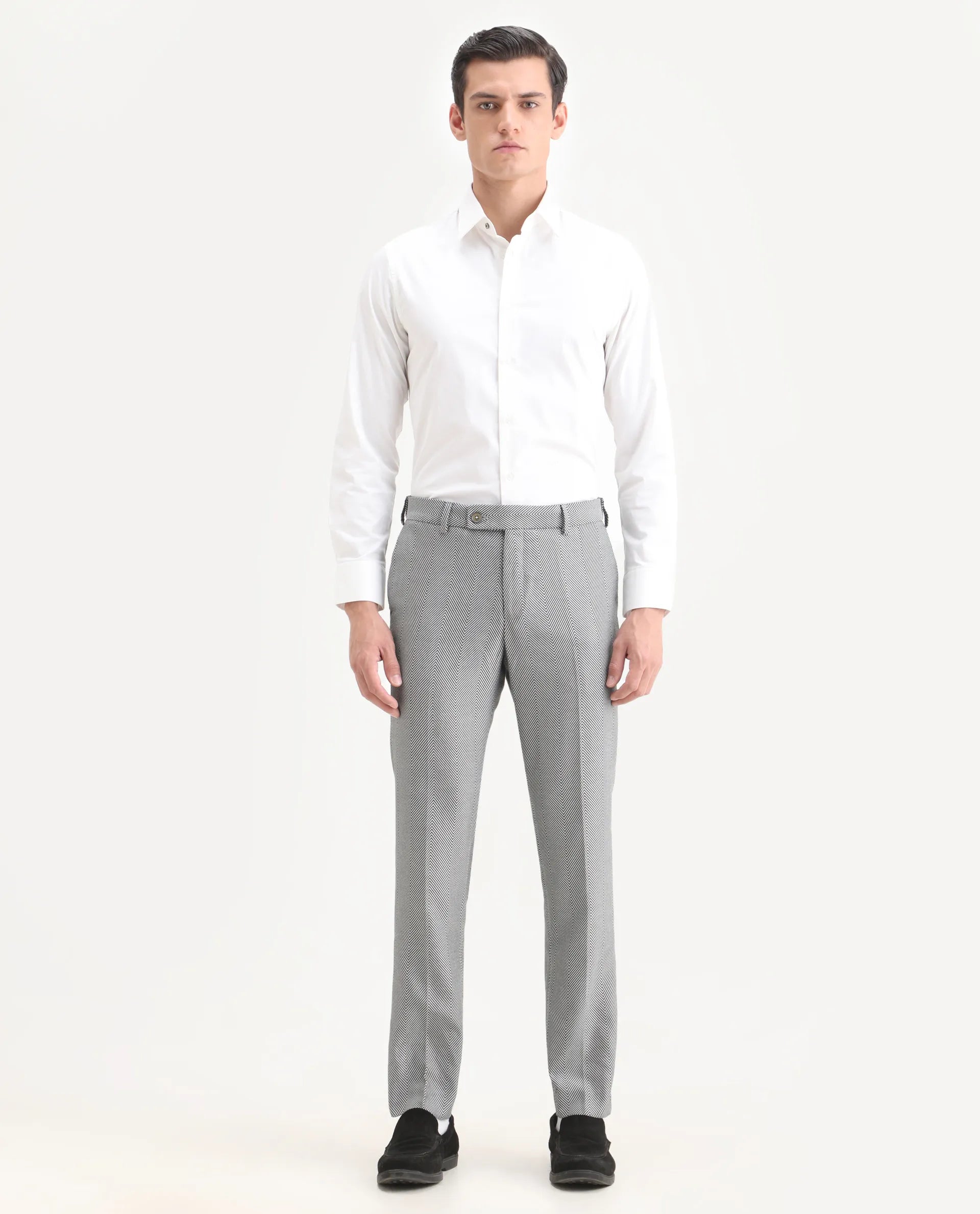 Rare Rabbit Men's Sierres Light Grey Viscose Textured Tailored Fit Full Sleeve Lapel Neck Suits