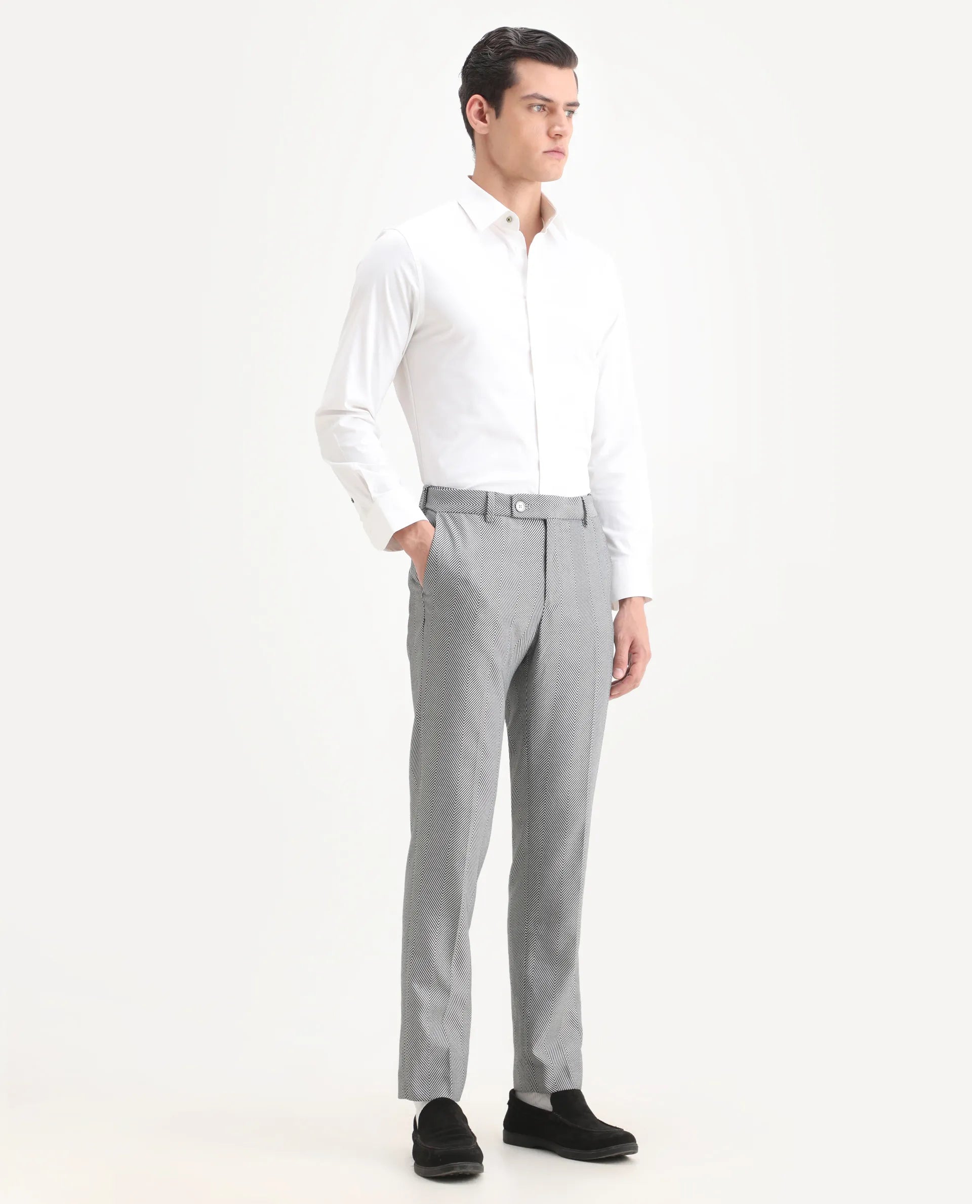 Rare Rabbit Men's Sierres Light Grey Viscose Textured Tailored Fit Full Sleeve Lapel Neck Suits