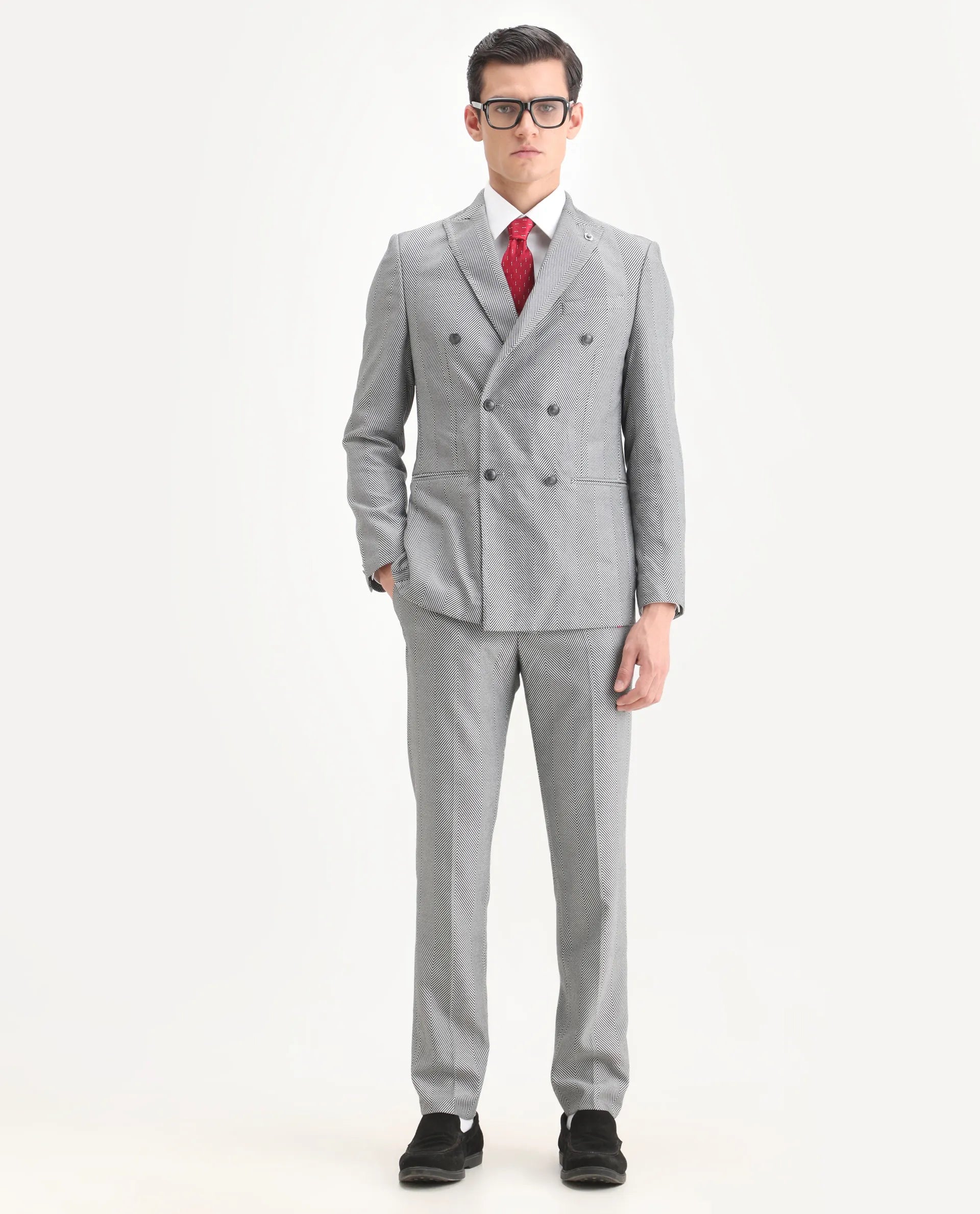 Rare Rabbit Men's Sierres Light Grey Viscose Textured Tailored Fit Full Sleeve Lapel Neck Suits
