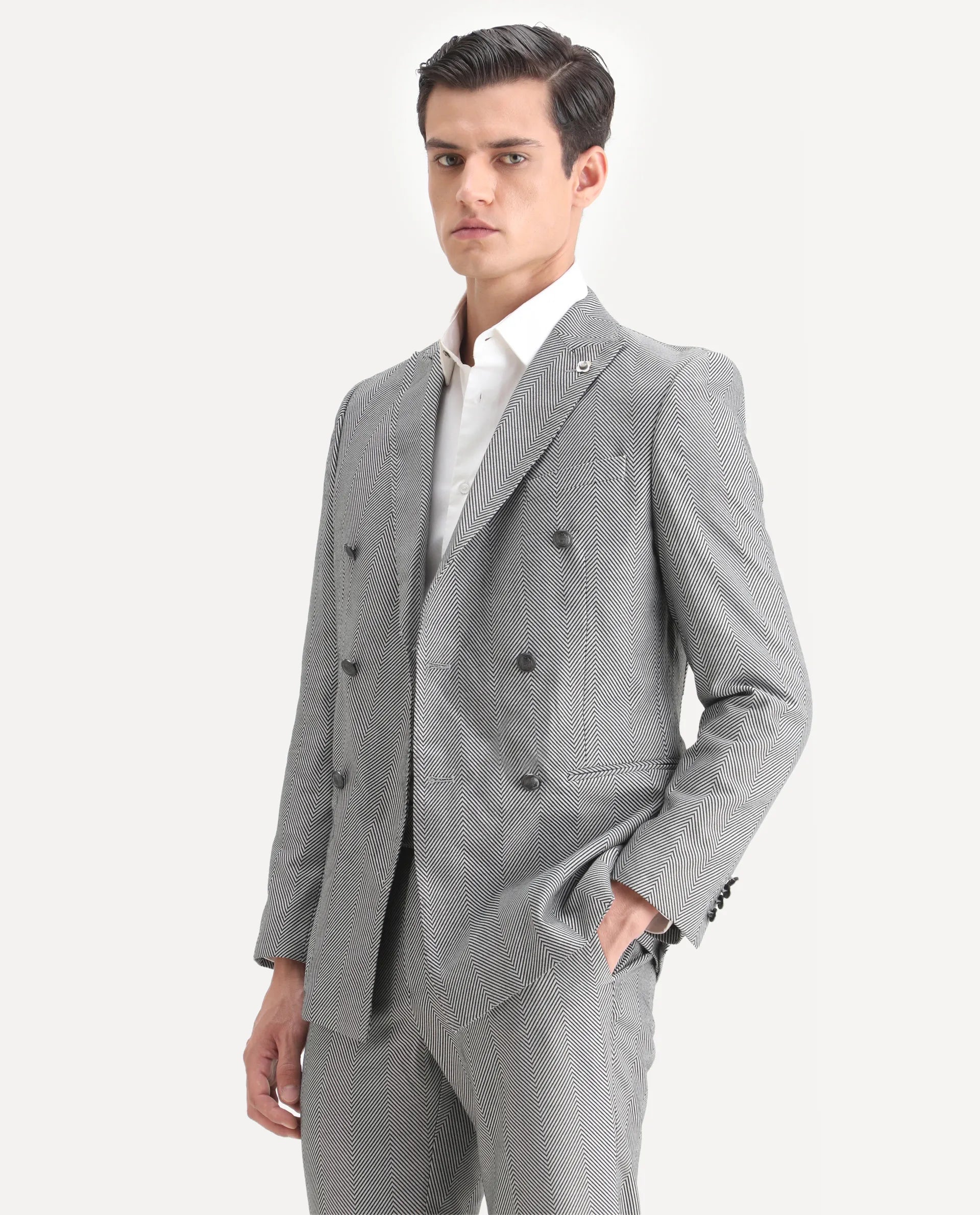 Rare Rabbit Men's Sierres Light Grey Viscose Textured Tailored Fit Full Sleeve Lapel Neck Suits