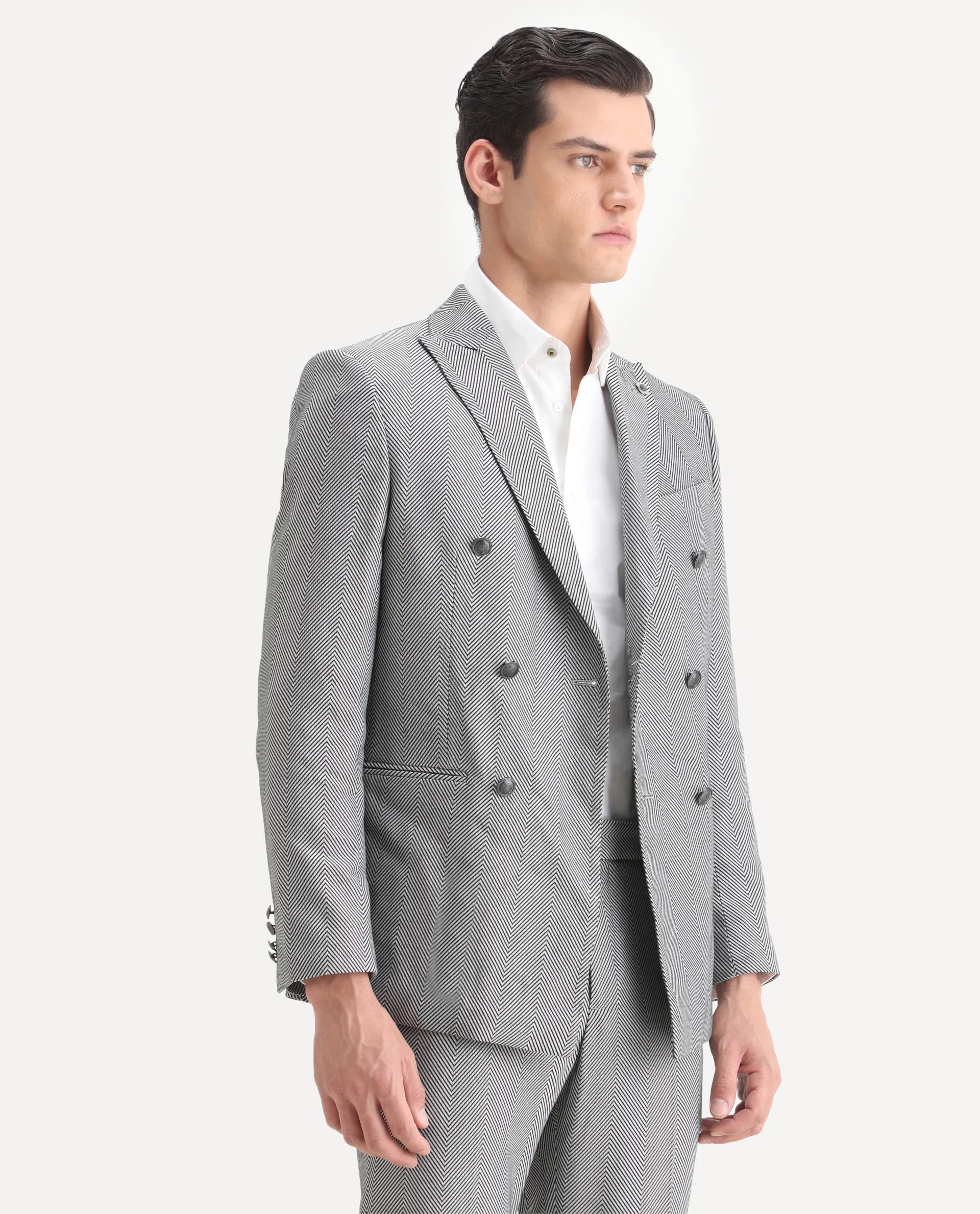 Rare Rabbit Men's Sierres Light Grey Viscose Textured Tailored Fit Full Sleeve Lapel Neck Suits