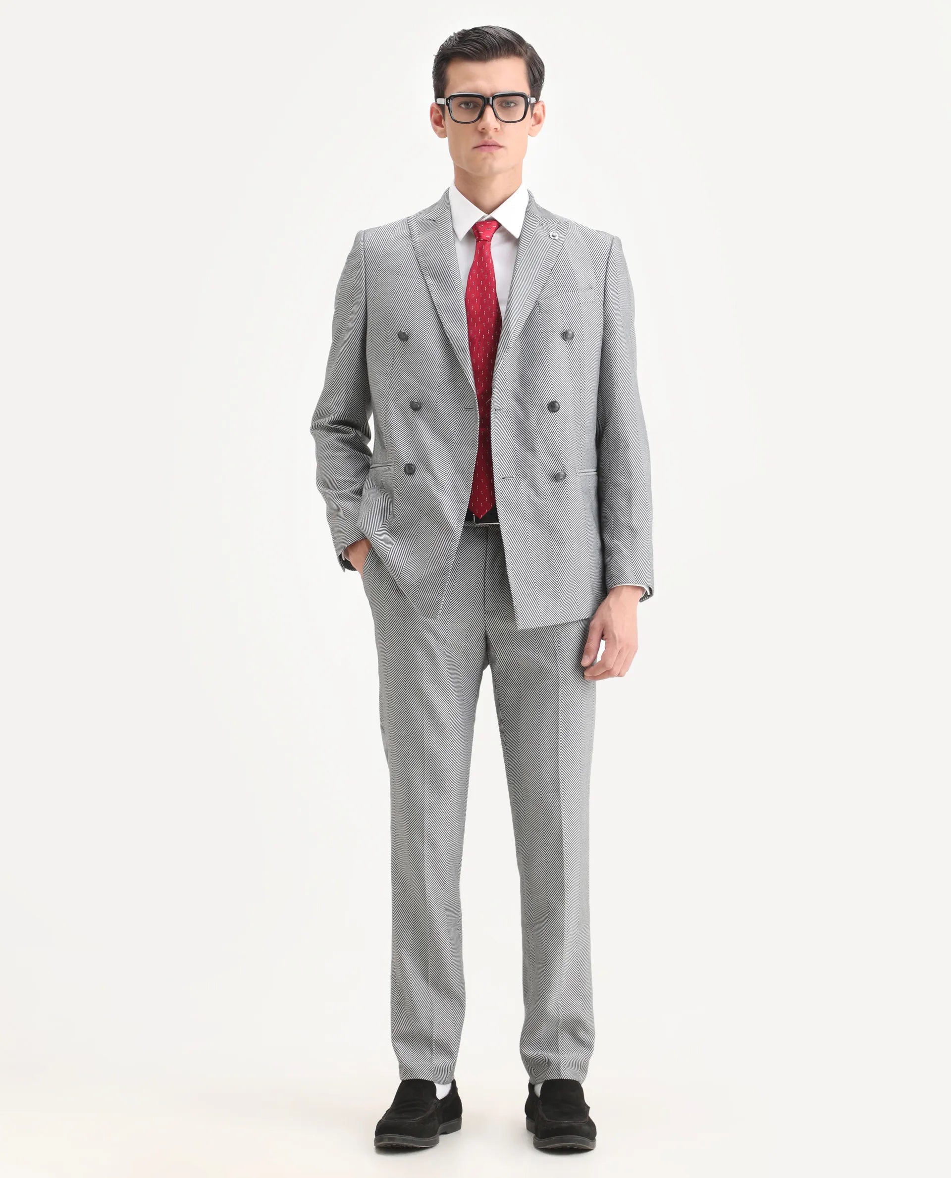 Rare Rabbit Men's Sierres Light Grey Viscose Textured Tailored Fit Full Sleeve Lapel Neck Suits