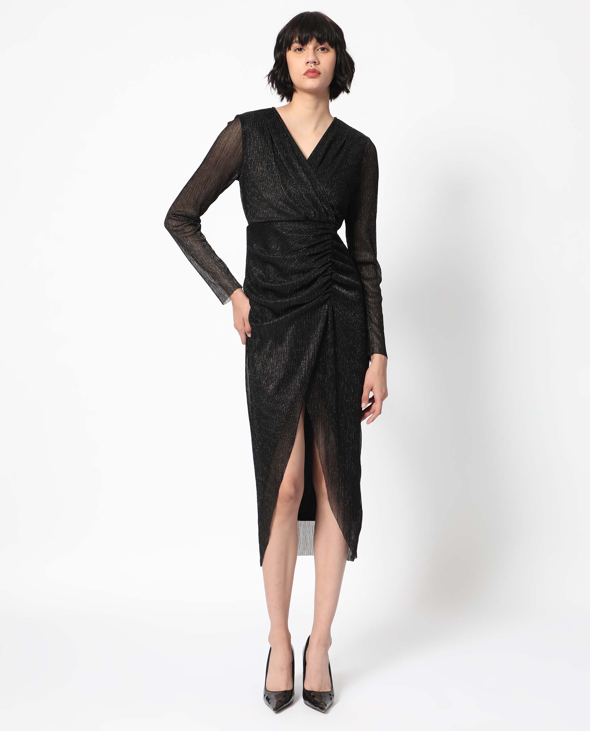 Rareism Women Siga Metallic Black Overlap Neck Full Sleeves Gathered Detail Front Slit Shimmer Party Dress