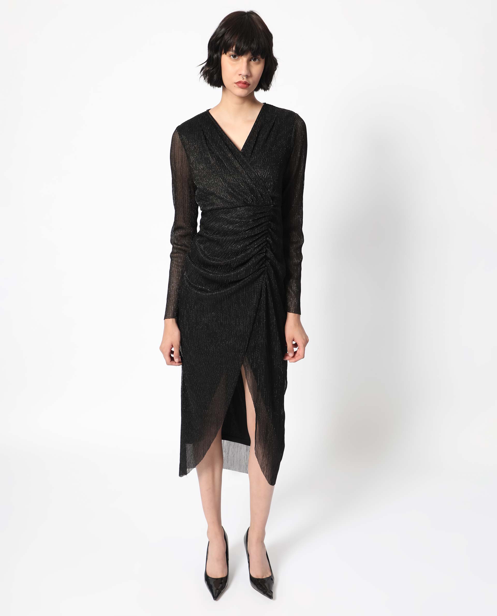 Rareism Women Siga Metallic Black Overlap Neck Full Sleeves Gathered Detail Front Slit Shimmer Party Dress