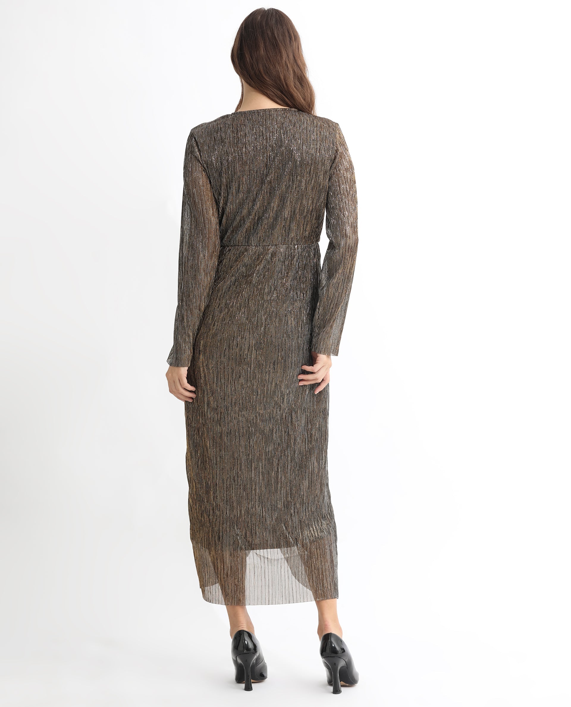 Rareism Women Siga Metallic Gold Overlap V Neck Full Sleeves Gathered Front Panel Shimmer Party Midi Dress