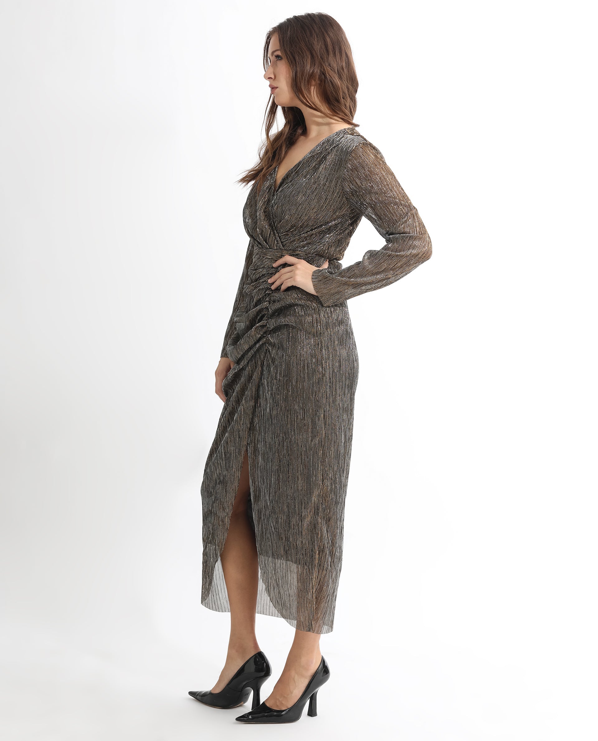 Rareism Women Siga Metallic Gold Overlap V Neck Full Sleeves Gathered Front Panel Shimmer Party Midi Dress