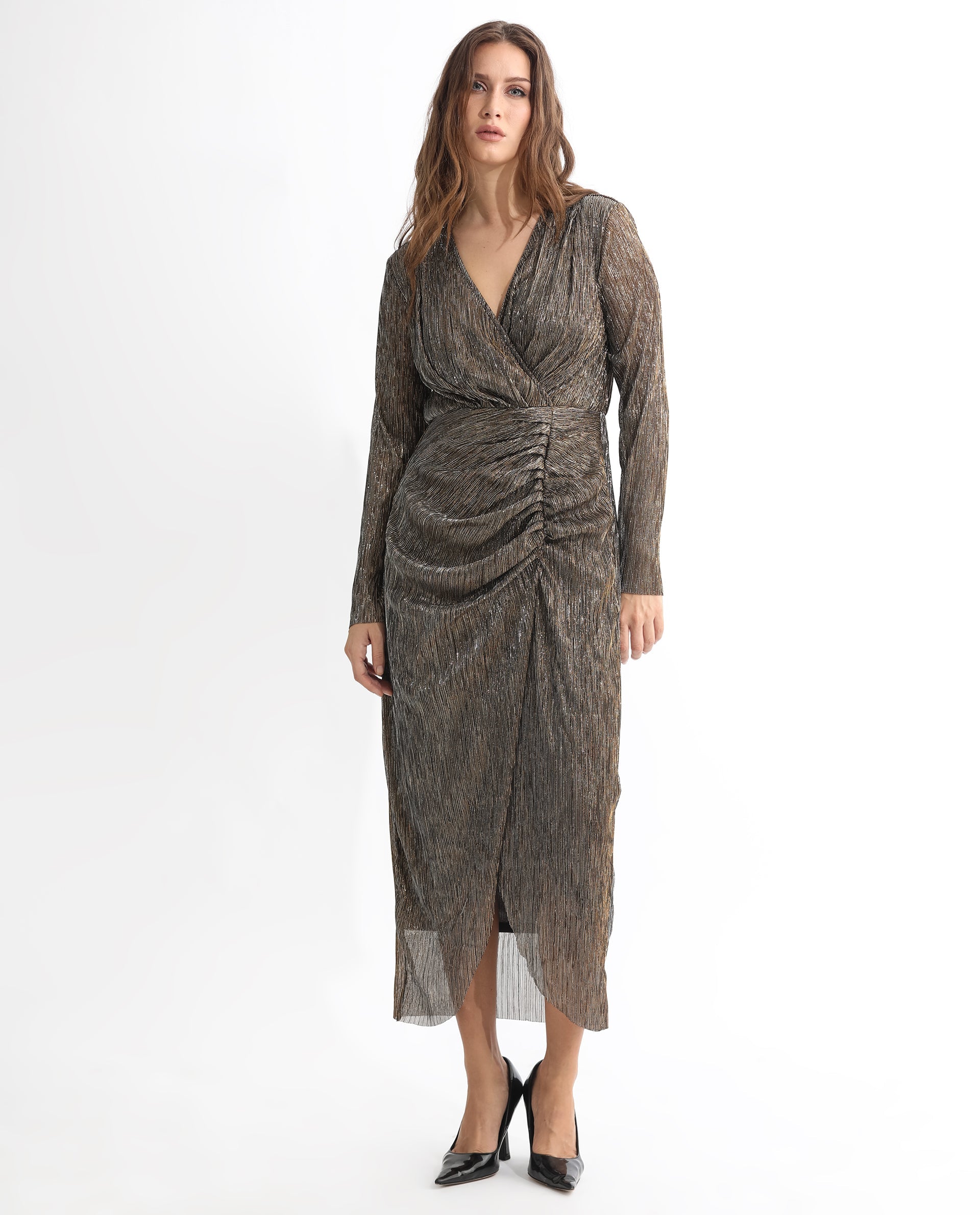 Rareism Women Siga Metallic Gold Overlap V Neck Full Sleeves Gathered Front Panel Shimmer Party Midi Dress