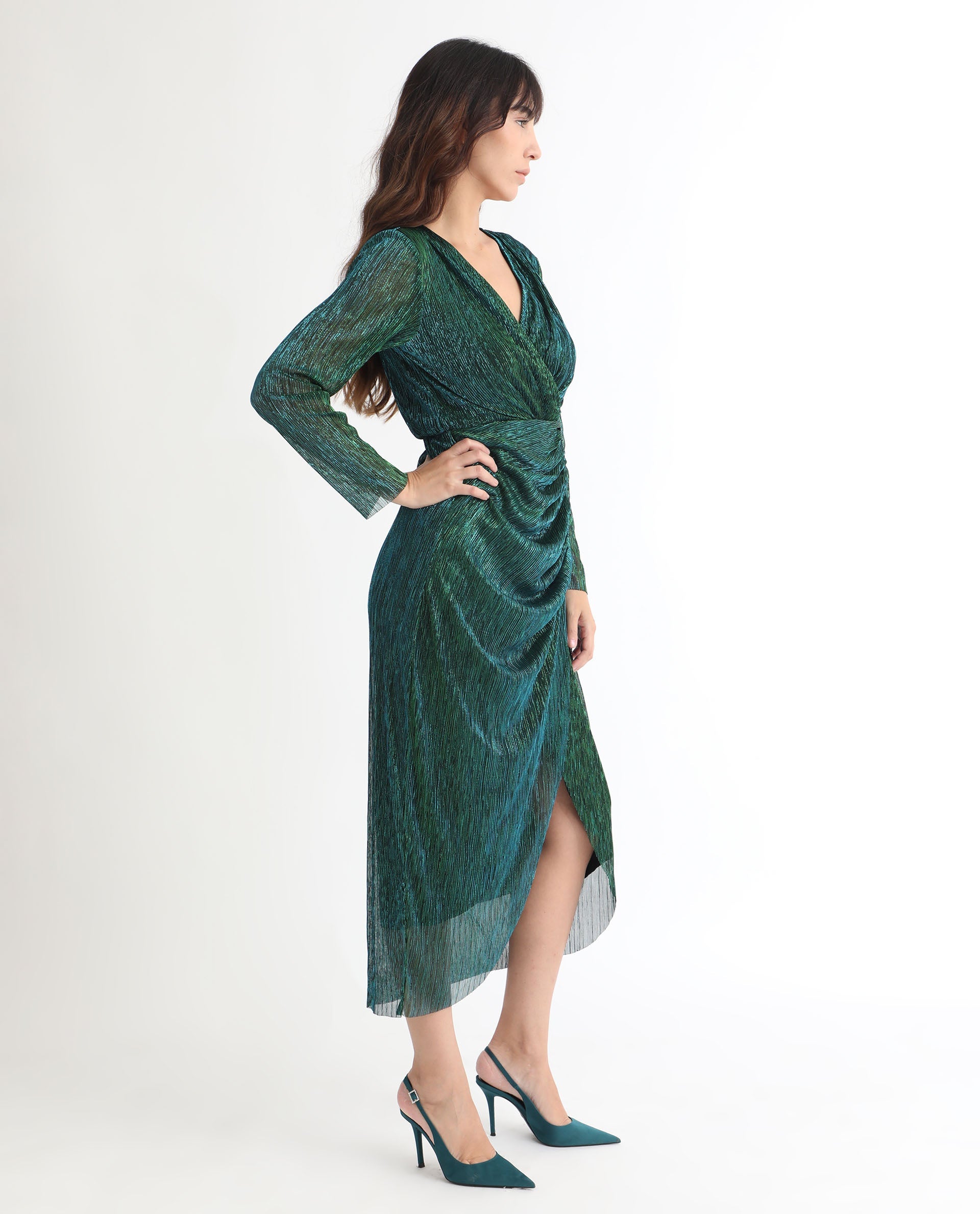 Rareism Women's Siga Metalic Green Polyester Blend Fabric V-Neck  Full Sleeve Shimmer  Maxi Dress