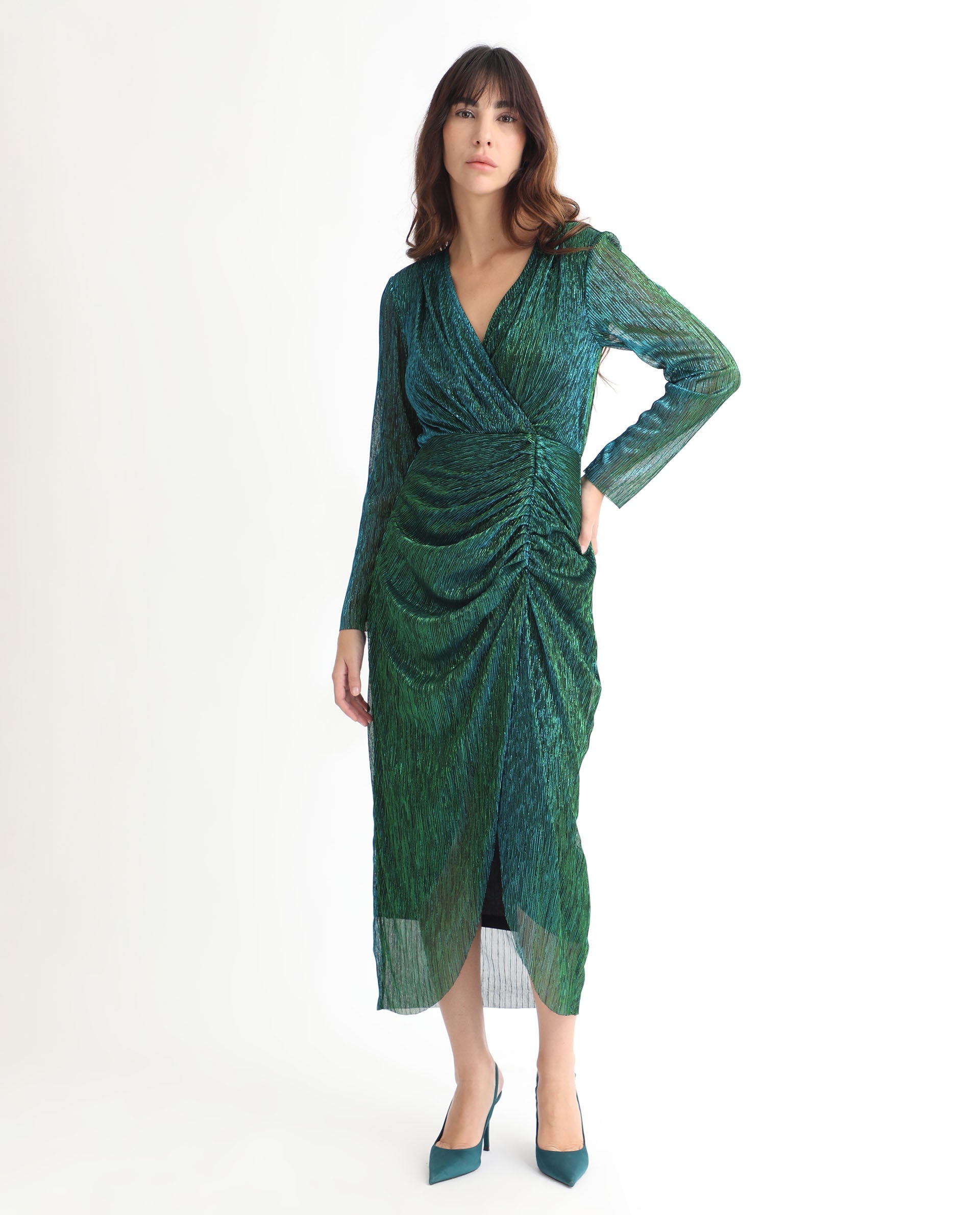 Rareism Women's Siga Metalic Green Polyester Blend Fabric V-Neck  Full Sleeve Shimmer  Maxi Dress
