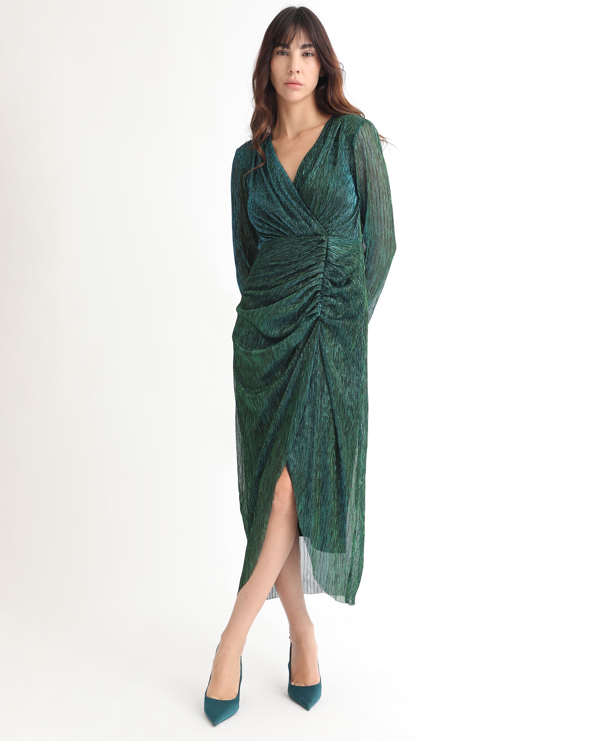 Rareism Women's Siga Metalic Green Polyester Blend Fabric V-Neck  Full Sleeve Shimmer  Maxi Dress