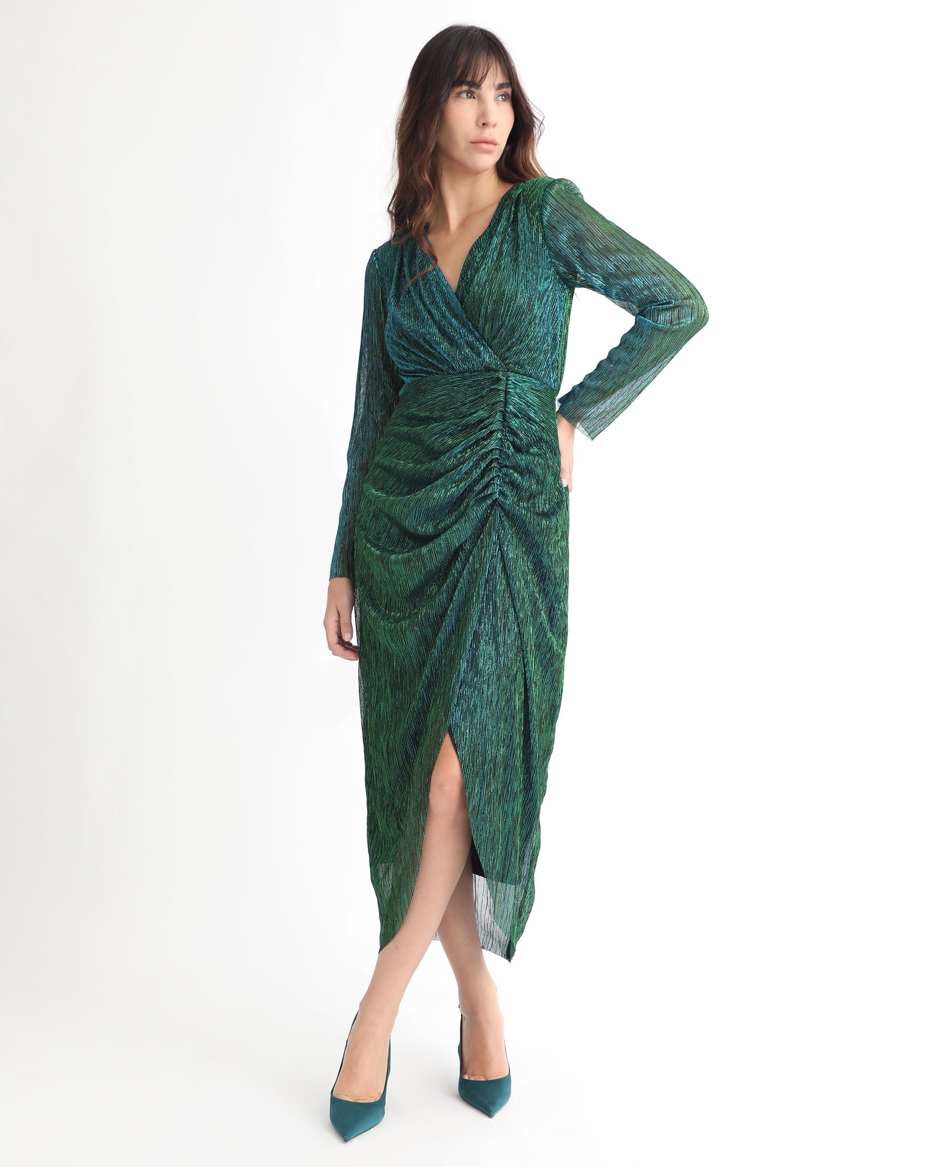 Rareism Women's Siga Metalic Green Polyester Blend Fabric V-Neck  Full Sleeve Shimmer  Maxi Dress