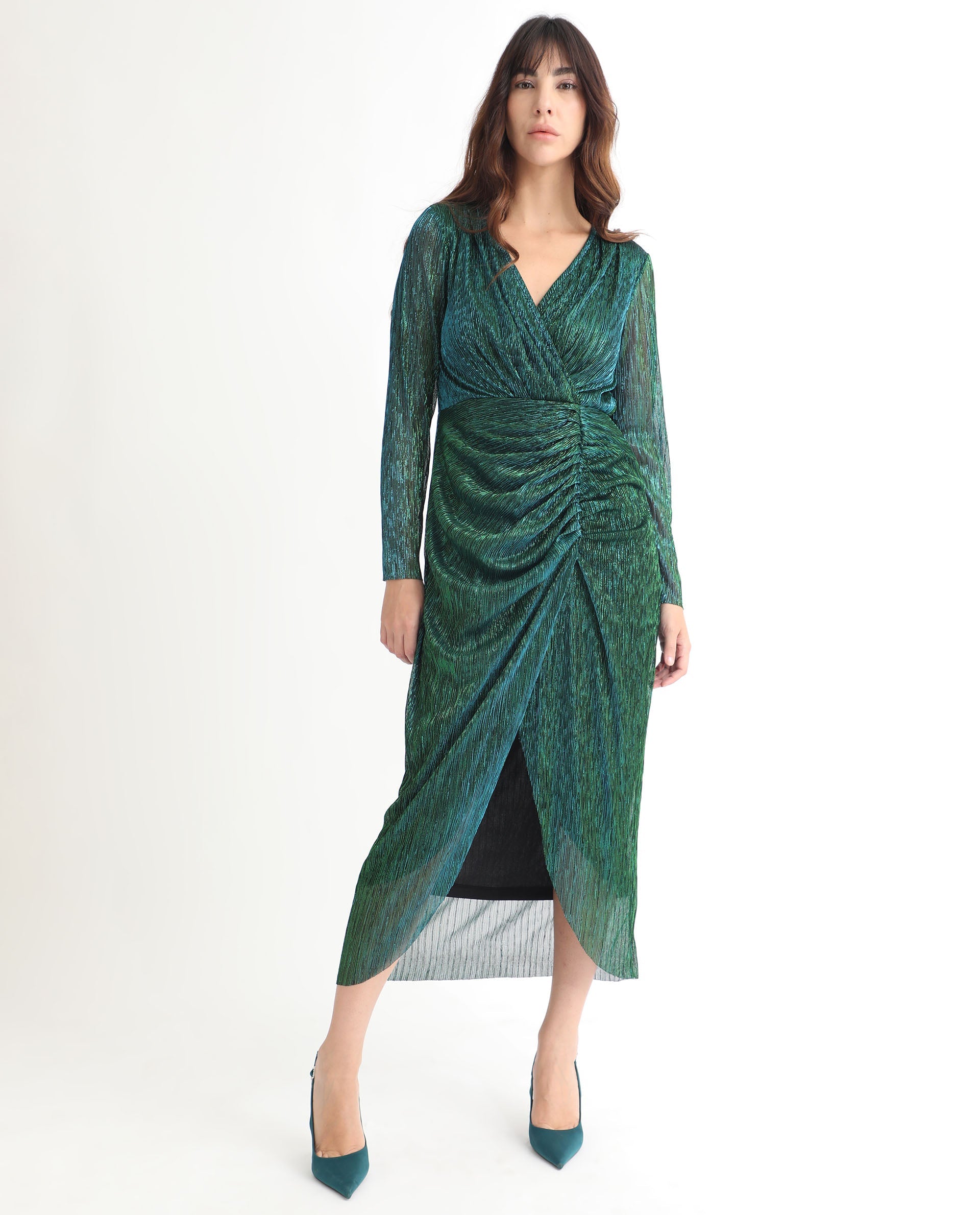 Rareism Women's Siga Metalic Green Polyester Blend Fabric V-Neck  Full Sleeve Shimmer  Maxi Dress