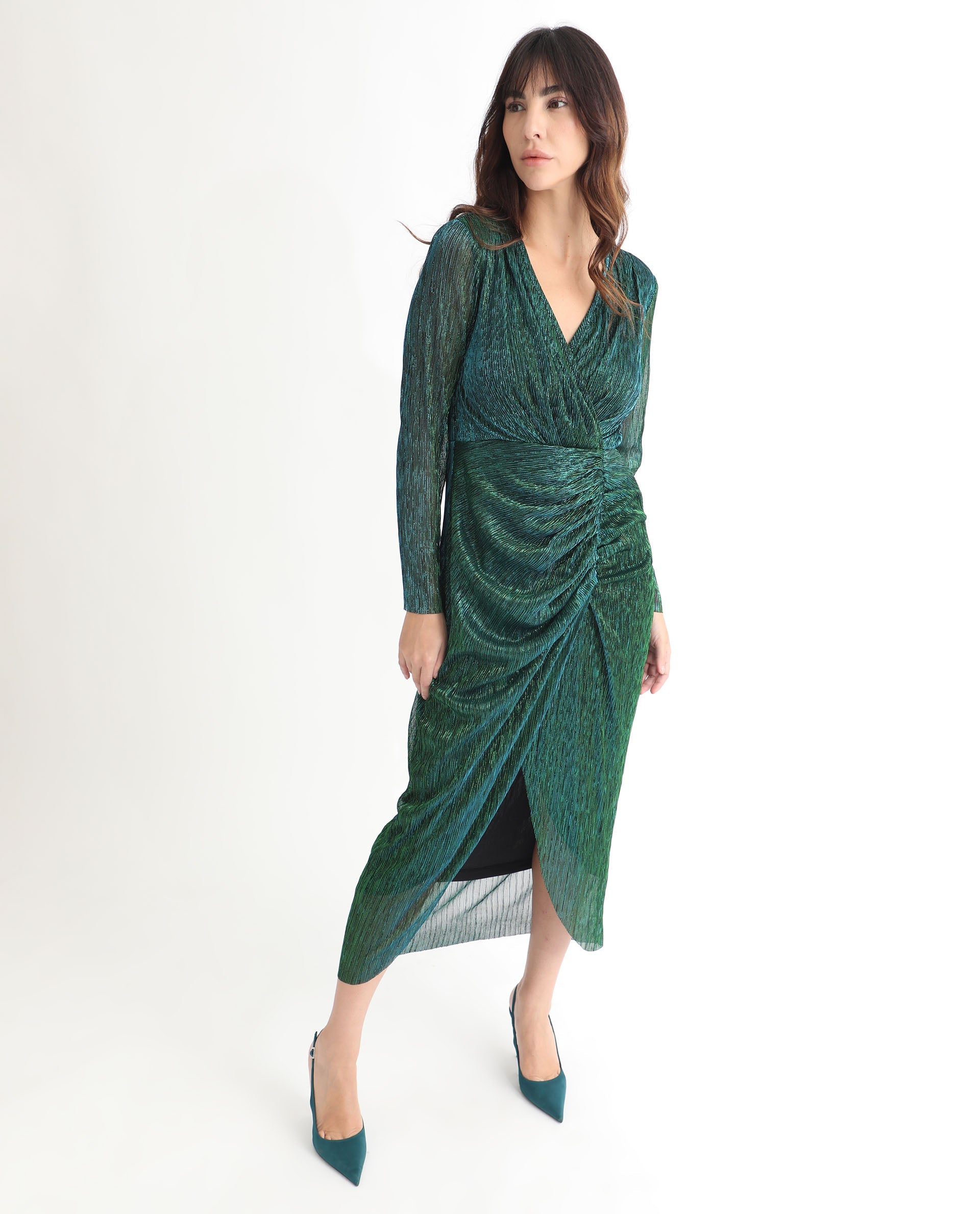 Rareism Women's Siga Metalic Green Polyester Blend Fabric V-Neck  Full Sleeve Shimmer  Maxi Dress