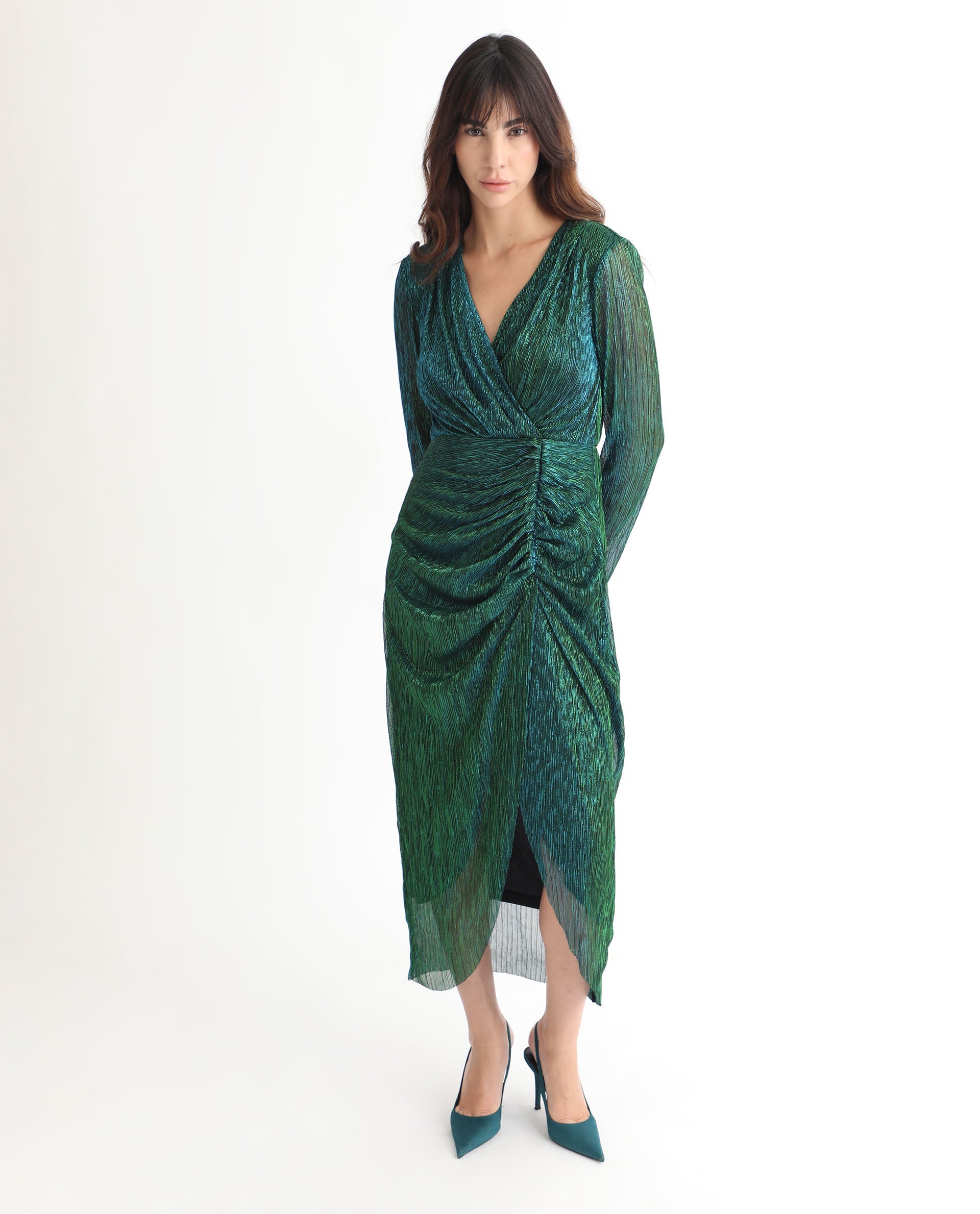 Rareism Women's Siga Metalic Green Polyester Blend Fabric V-Neck  Full Sleeve Shimmer  Maxi Dress