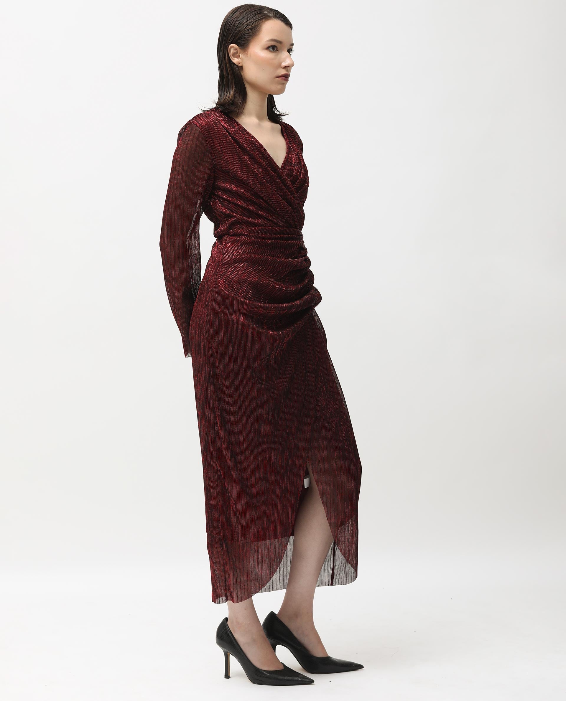 Rareism Women Siga Metallic Red Poly Lycra Fabric Full Sleeves Regular Fit Shimmer Maxi Empire Dress