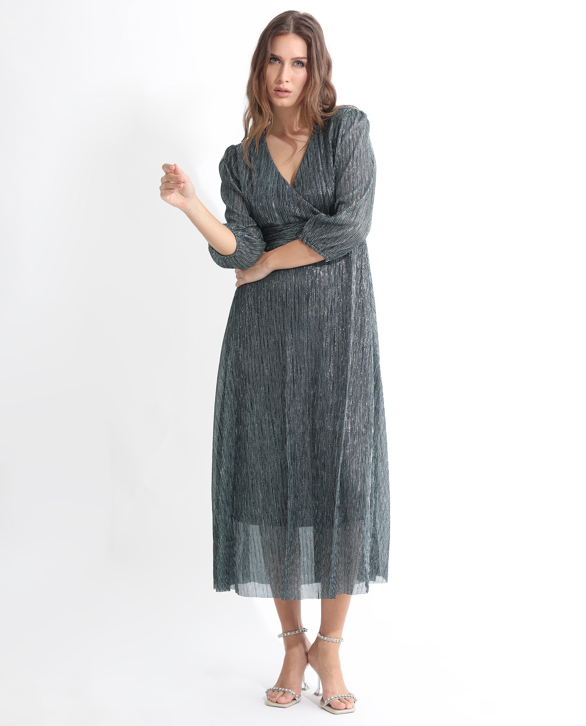 Rareism Women Daso Metallic Silver Polyester Fabric 3/4Th Sleeves Zip Closure Balloon Sleeve Fit And Flare Shimmer Maxi Empire Dress