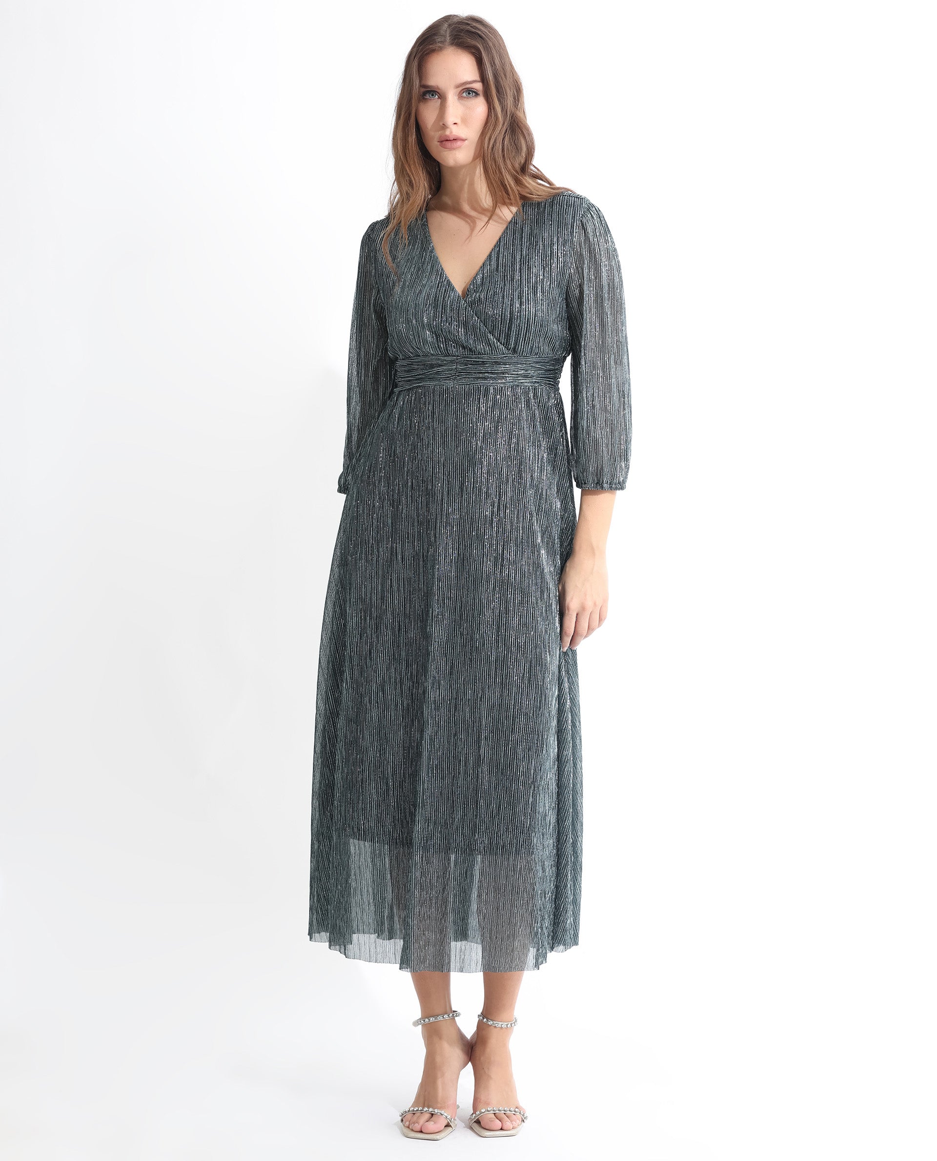 Rareism Women Daso Metallic Silver Polyester Fabric 3/4Th Sleeves Zip Closure Balloon Sleeve Fit And Flare Shimmer Maxi Empire Dress