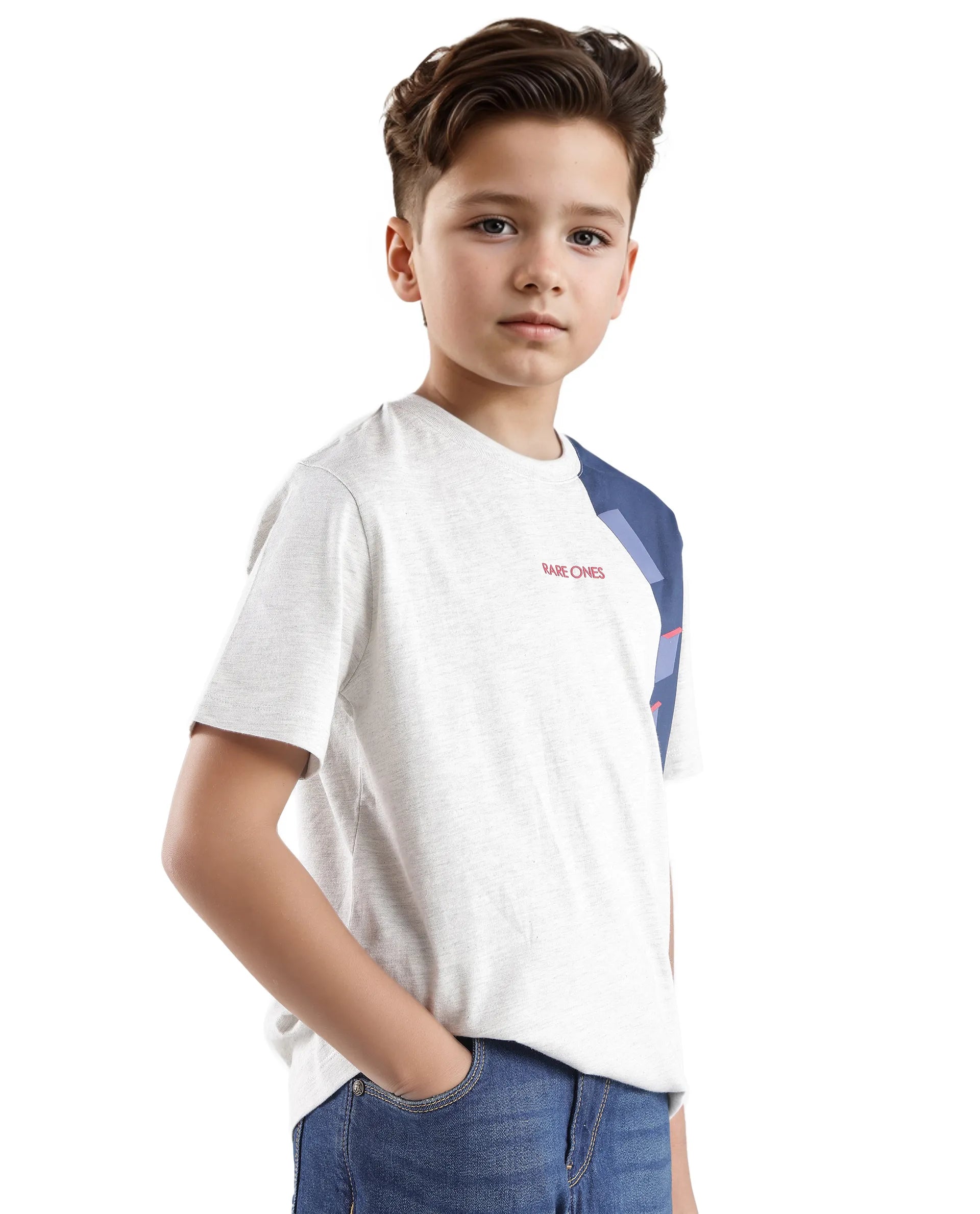 Rare Ones Kids Si Light Grey Cotton Short Sleeve Crew Neck Raised Hd Print T-Shirt