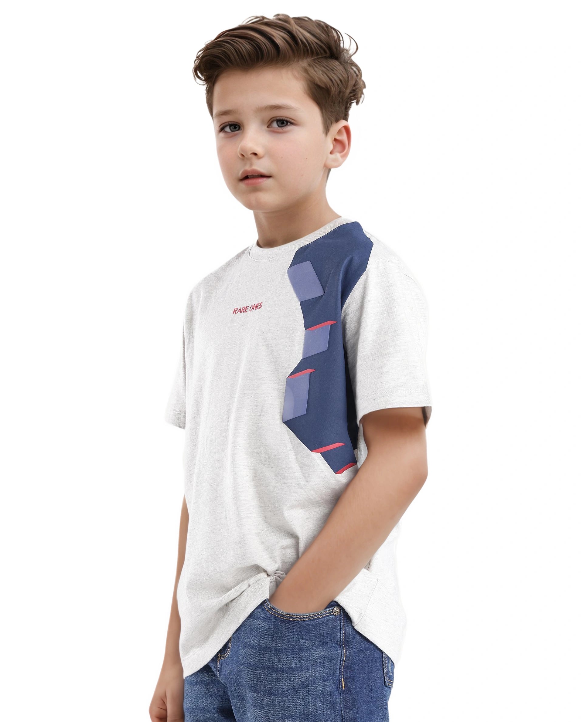 Rare Ones Kids Si Light Grey Cotton Short Sleeve Crew Neck Raised Hd Print T-Shirt