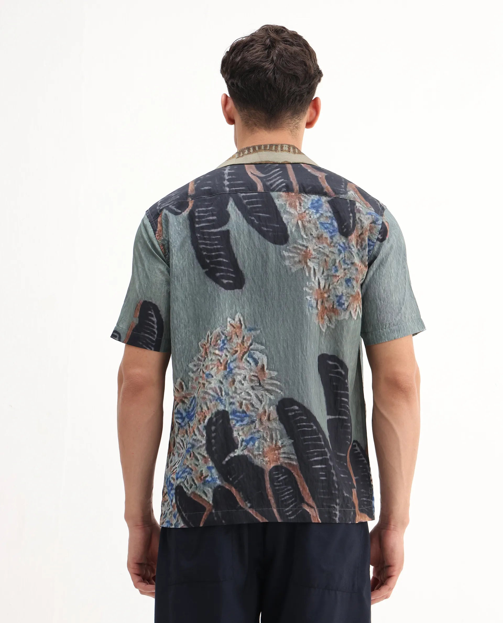 Rare Rabbit Men's Silk Dusky Green Viscose Blend Tropical Print Relaxed Fit Half Sleeve Cuban Collar Shirt