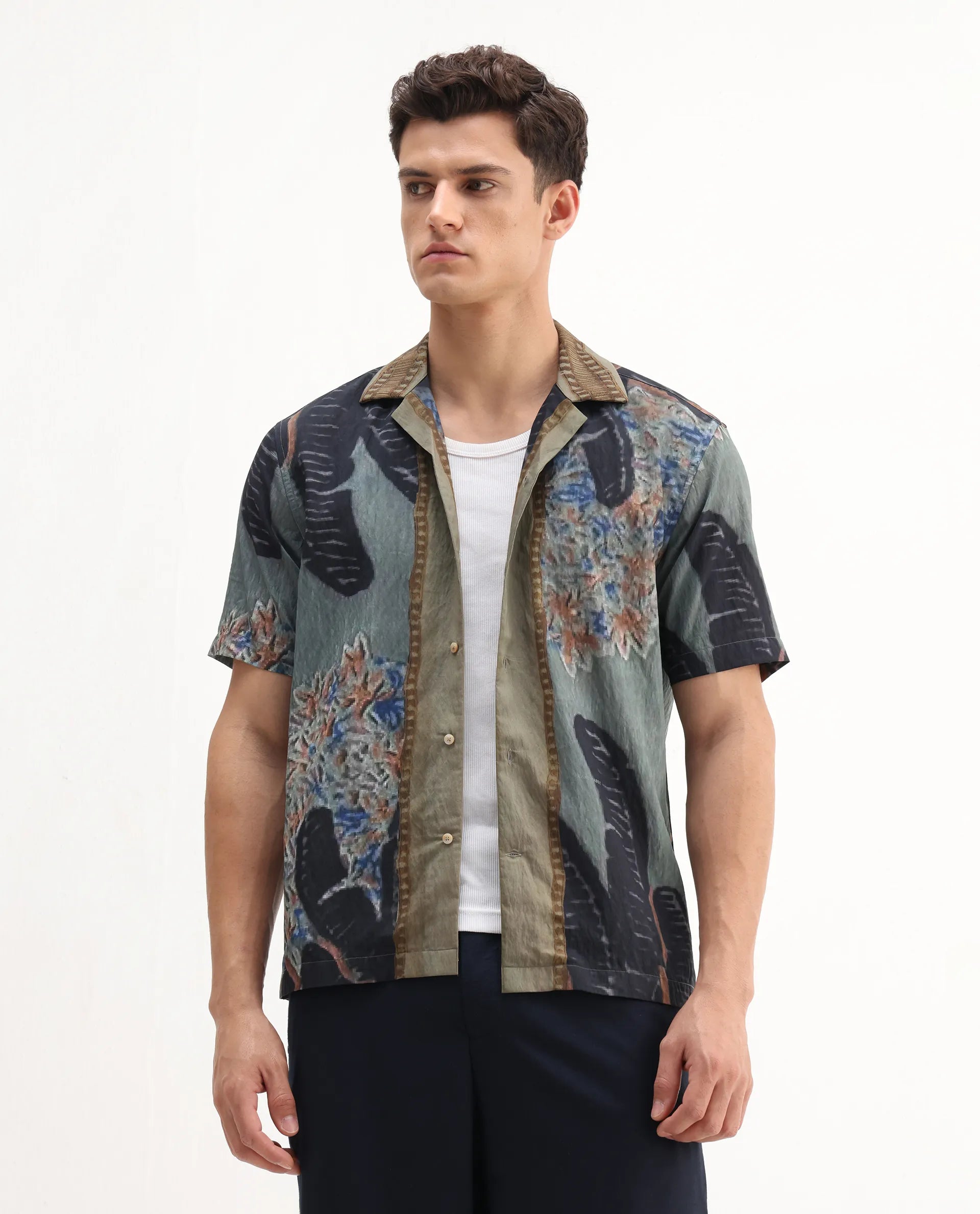 Rare Rabbit Men's Silk Dusky Green Viscose Blend Tropical Print Relaxed Fit Half Sleeve Cuban Collar Shirt